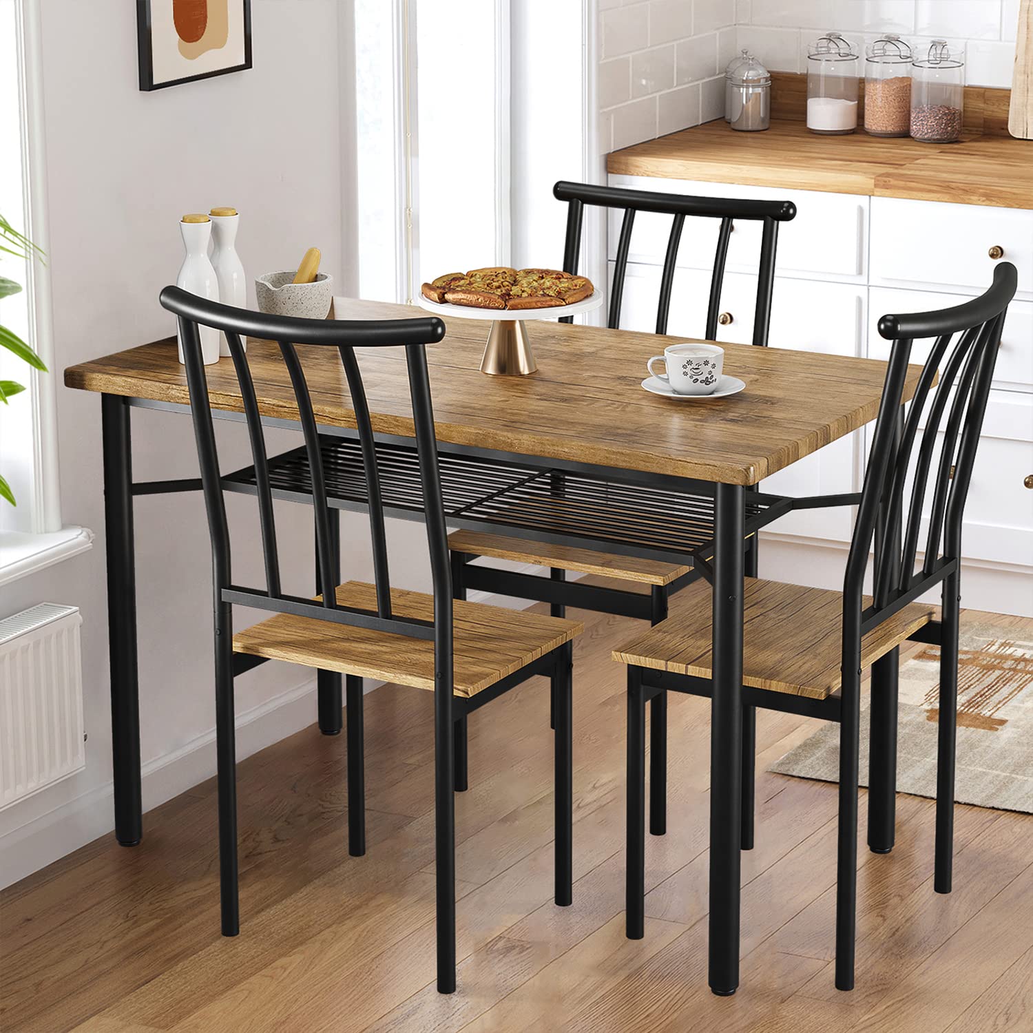 Garvee Ensemble table et chaises pour 4 personnes avec casier à vin, métal et bois, rectangulaire, brun rouille, gain de place pour les petites pièces et les appartements