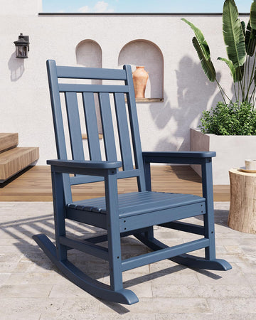 Garvee Chaise à bascule d’extérieur en PEHD effet bois, dossier haut, charge 172 kg, résistante aux intempéries, bleu marine, terrasse et patio