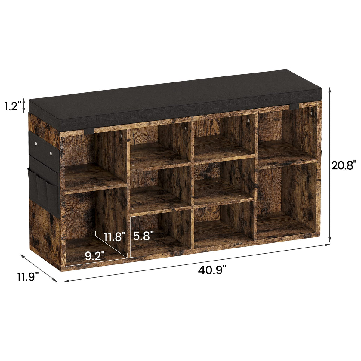 Garvee Banc à chaussures avec coussin, 3 étagères réglables, 10 compartiments, bois robuste, housse lavable, marron, 104 cm, pour entrée et chambre