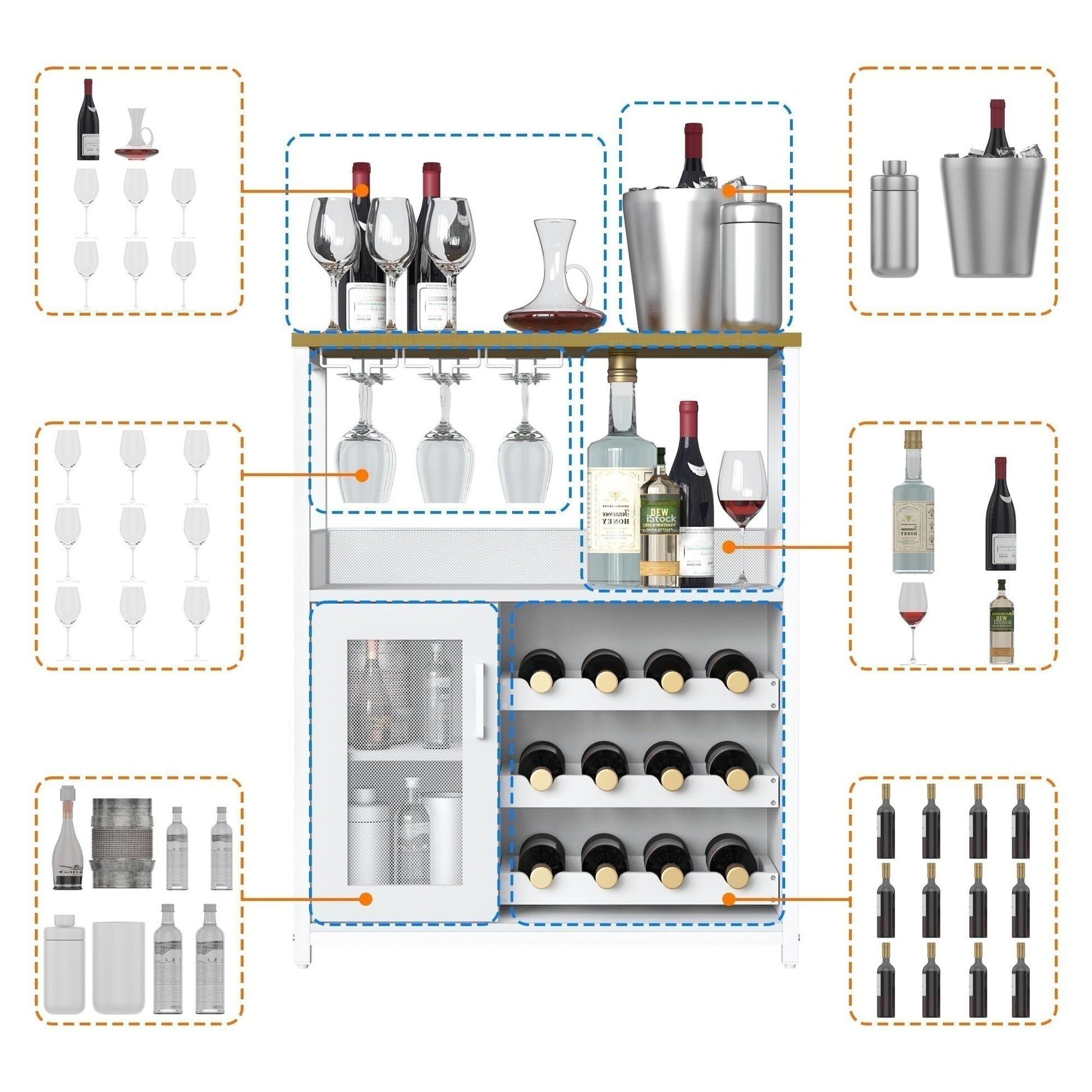 Meuble bar à vin Garvee, 3 niveaux avec casier à vin amovible pour cuisine et bar, 69 cm L x 35 cm P x 92 cm H, blanc, MDF robuste et fer