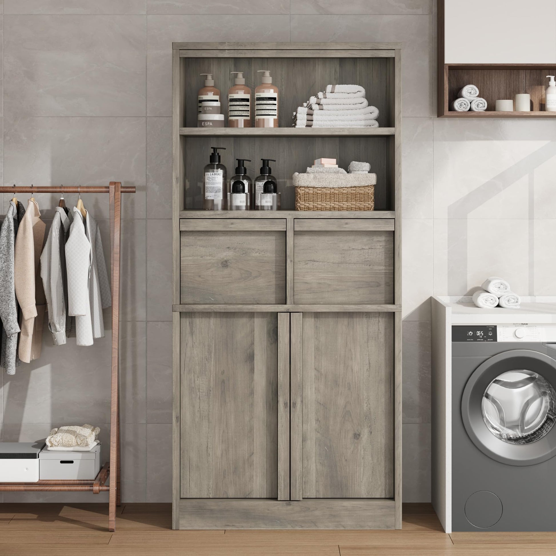 Armoire de salle de bain haute Garvee avec portes et 2 tiroirs, 130 cm de hauteur, MDF, imperméable, résistant aux rayures, autoportante, grise, polyvalente