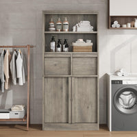 Armoire de salle de bain haute Garvee avec portes et 2 tiroirs, 130 cm de hauteur, MDF, imperméable, résistant aux rayures, autoportante, grise, polyvalente