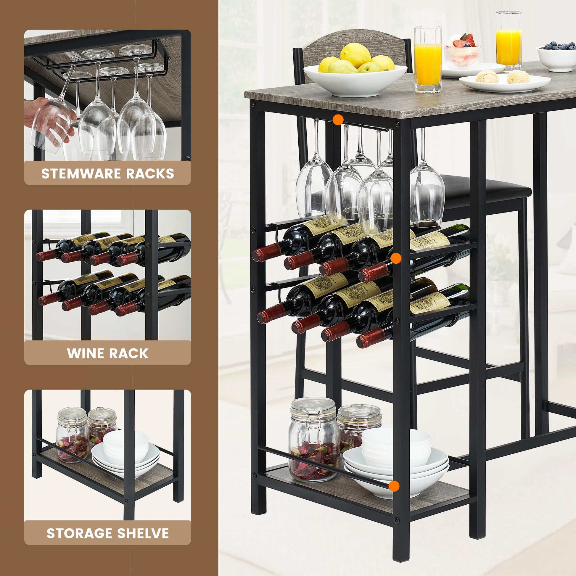 Ensemble table de bar Garvee pour 2 personnes avec repose-pieds, chaises rembourrées, structure robuste en métal et MDF, gris, pour cuisine et bar