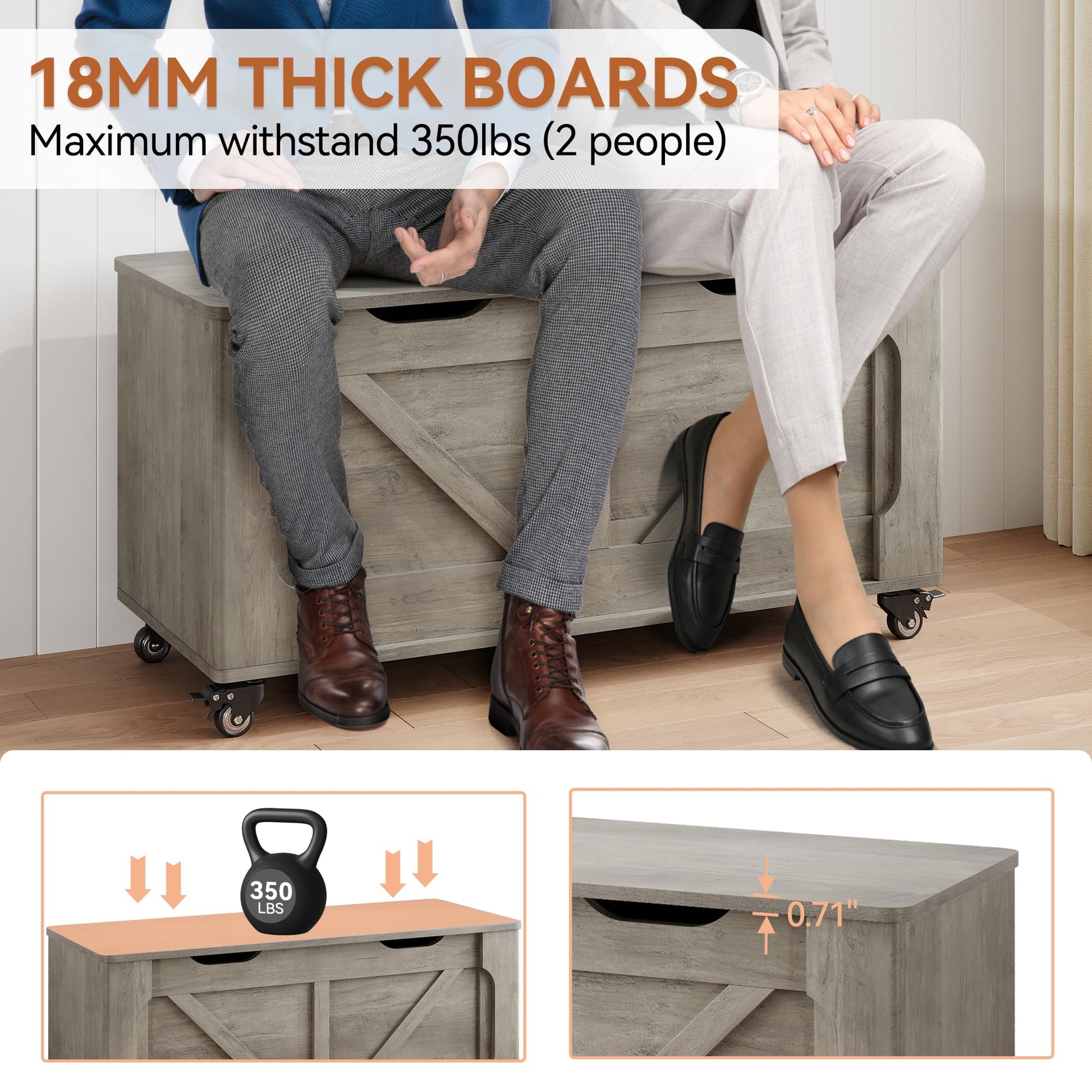 Banc de rangement Garvee à roulettes, coffre en bois de 100 cm (39,4 po), capacité de charge de 159 kg (350 lb), gris, polyvalent pour couloir et salon.