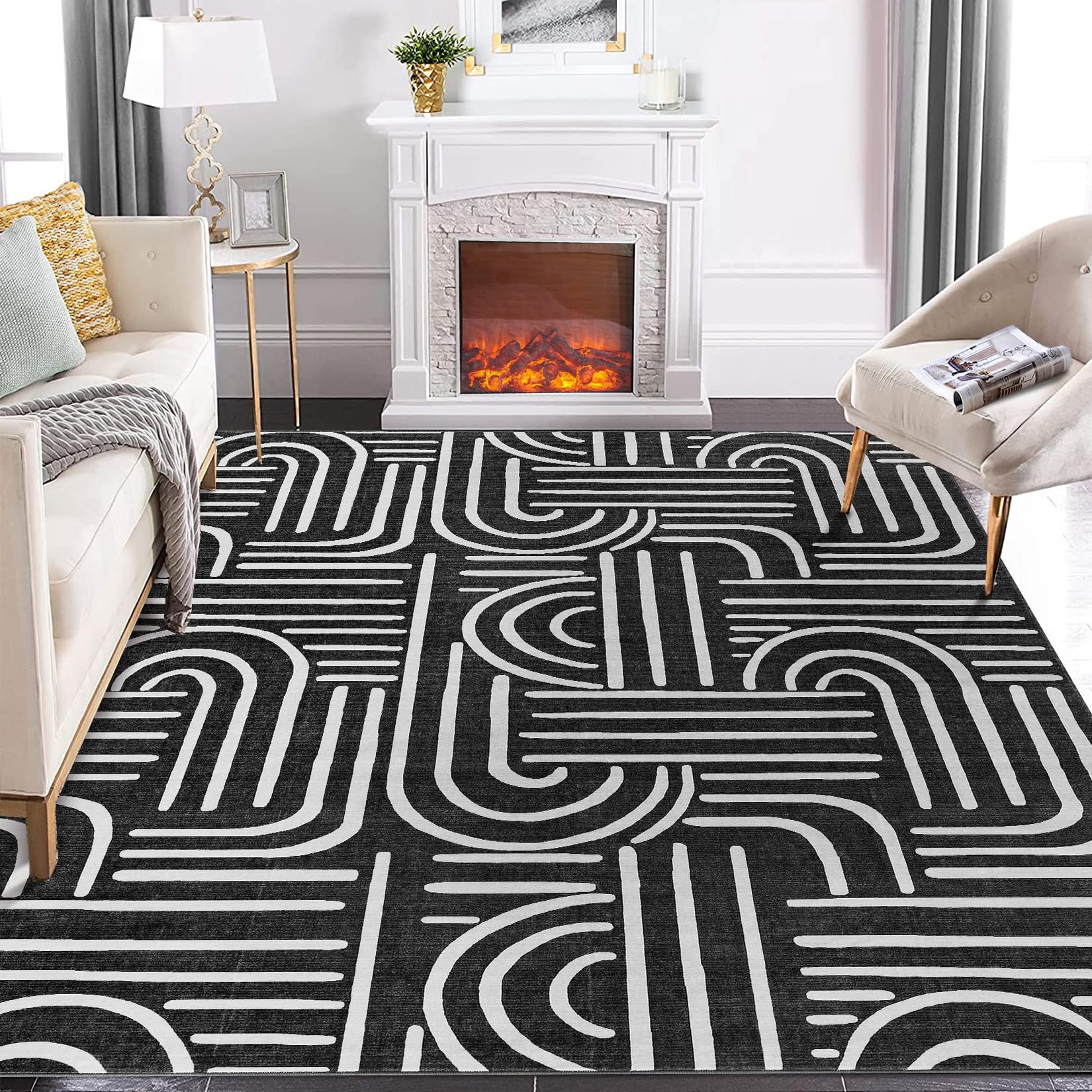 Tapis de salon Garvee 200x290 cm, lavable, antidérapant, à poils courts, gris, pour salon, chambre ou salle à manger
