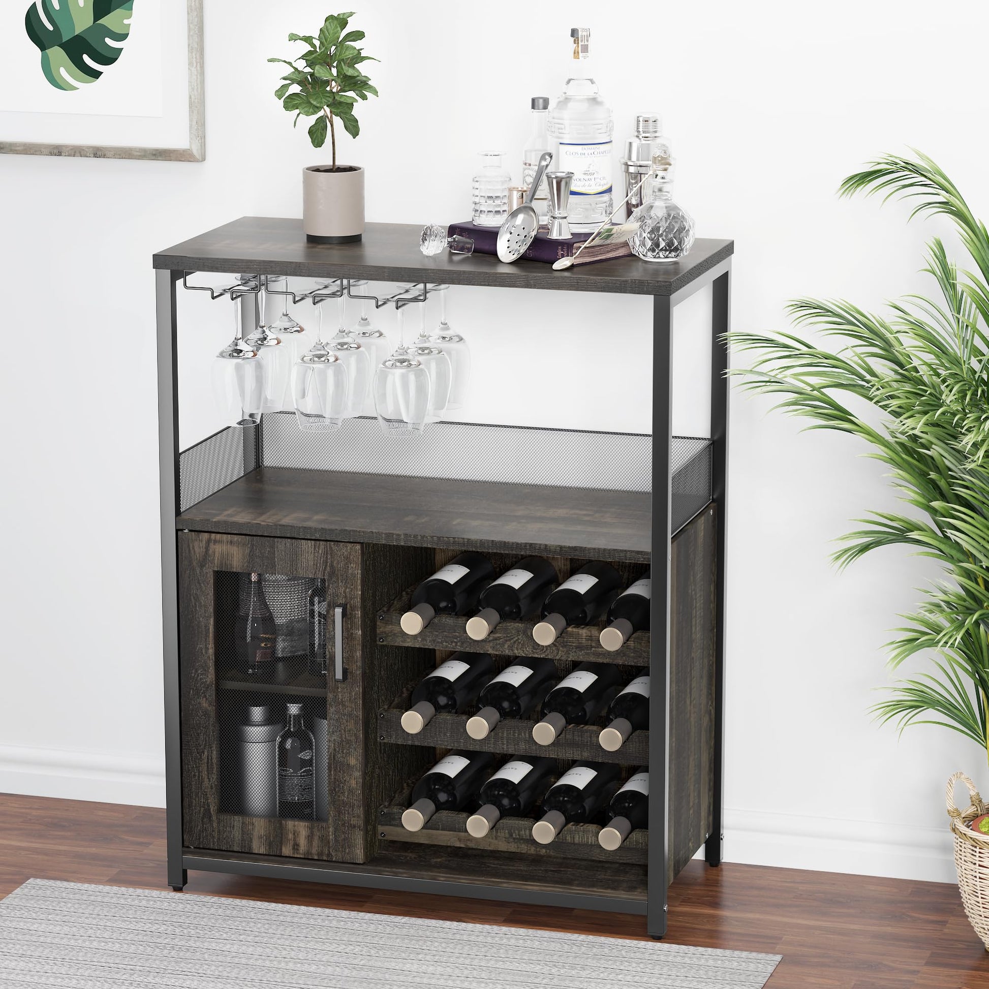 Meuble bar à vin Garvee à 3 niveaux avec casier à bouteilles amovible et porte-verres, idéal pour la cuisine et le salon. Dimensions : 69 cm (L) x 35 cm (P) x 92 cm (H). Matériaux : MDF et fer.