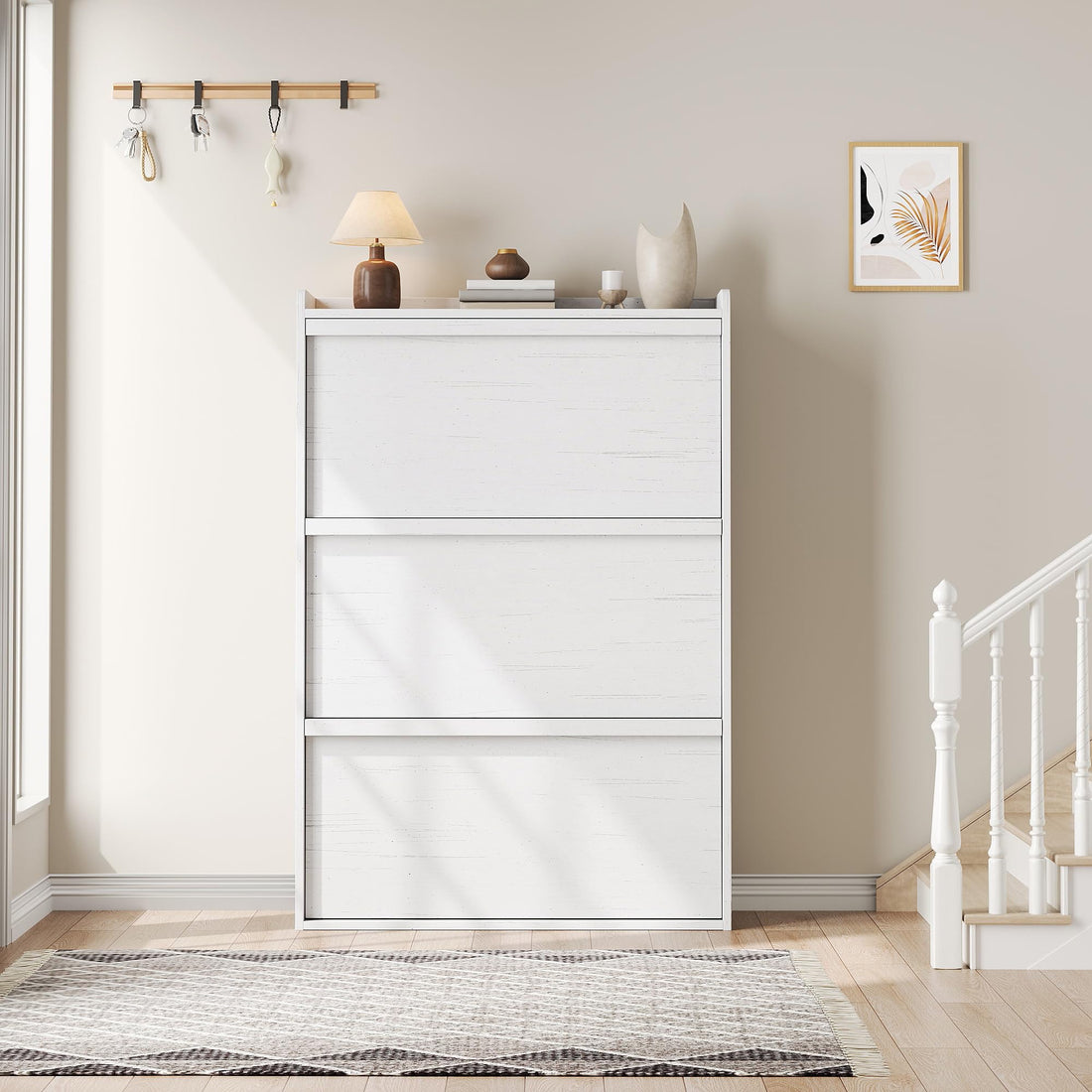 Garvee meuble à chaussures 3 tiroirs abattants, MDF blanc, 80,5 × 25,9 × 117,1 cm, étagères réglables pour entrée et salon