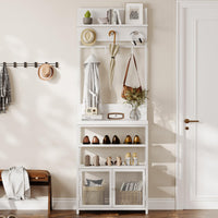 Armoire-penderie Garvee Hall Tree avec portes, blanche, 185 cm - 7 crochets et étagère à chaussures pour couloir, chambre, entrée - MDF et métal - Pieds anti-basculement et réglables