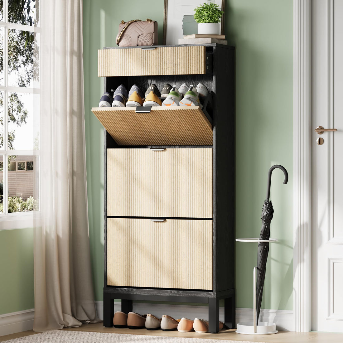 Meuble à chaussures Garvee avec 3 portes à charnières et 1 tiroir pour entrée et couloir, grand format, bois et fer, design fin