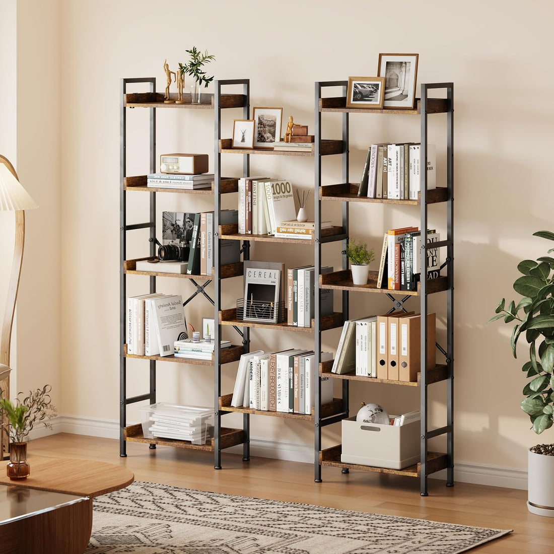 Garvee Bibliothèque triple à 5 niveaux avec 14 étagères ouvertes, structure en acier et panneaux de particules, pour salon et bureau, 109×25×160cm
