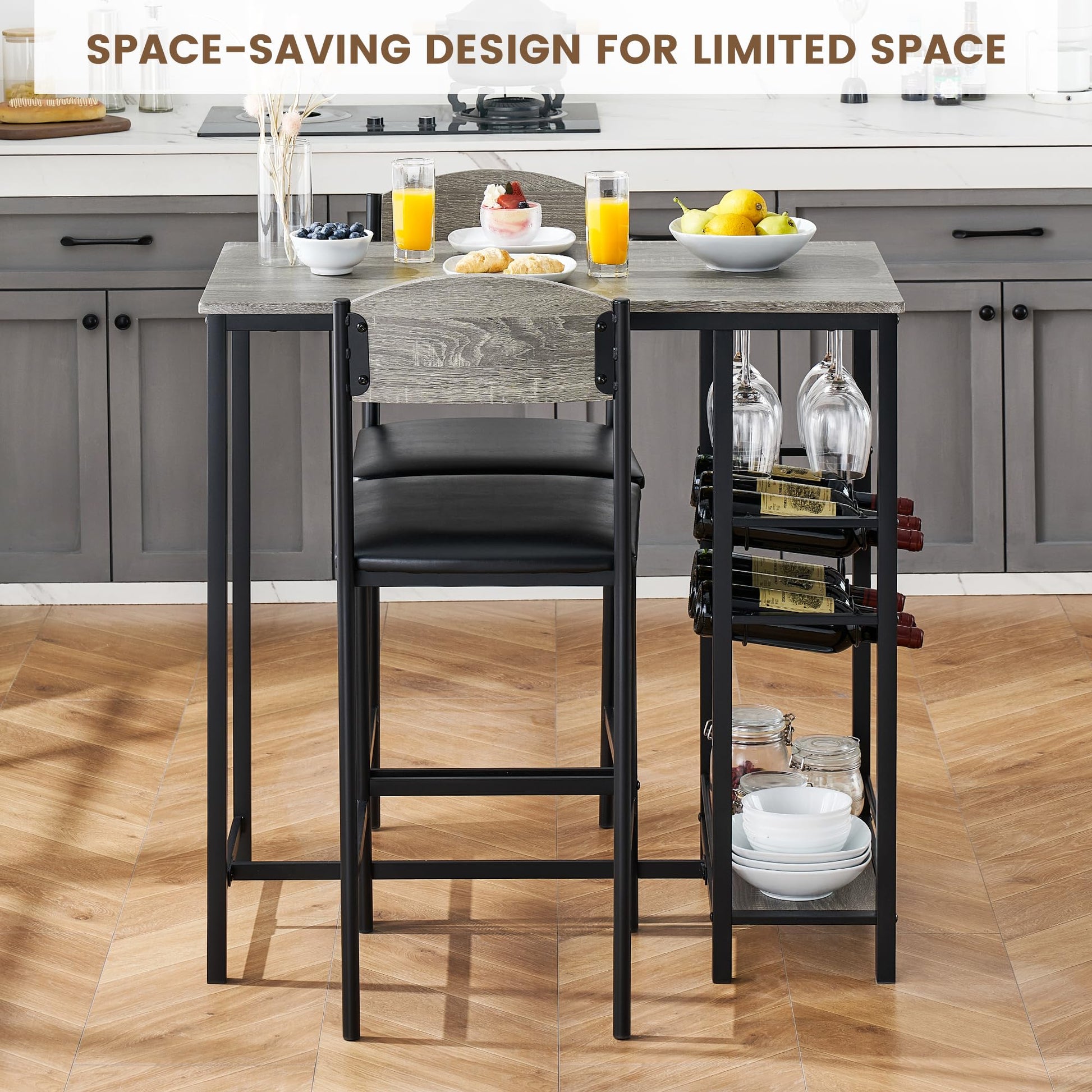 Ensemble table de bar Garvee pour 2 personnes avec repose-pieds, chaises rembourrées, structure robuste en métal et MDF, gris, pour cuisine et bar