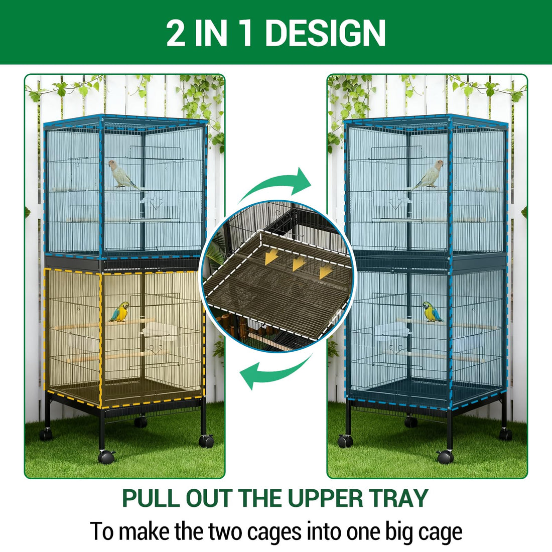Cage à oiseaux Garvee 55" avec perchoirs en bois, métal, 4 portes, roulettes, pour oiseaux de petite et moyenne taille, usage domestique et vétérinaire, grande taille, noire