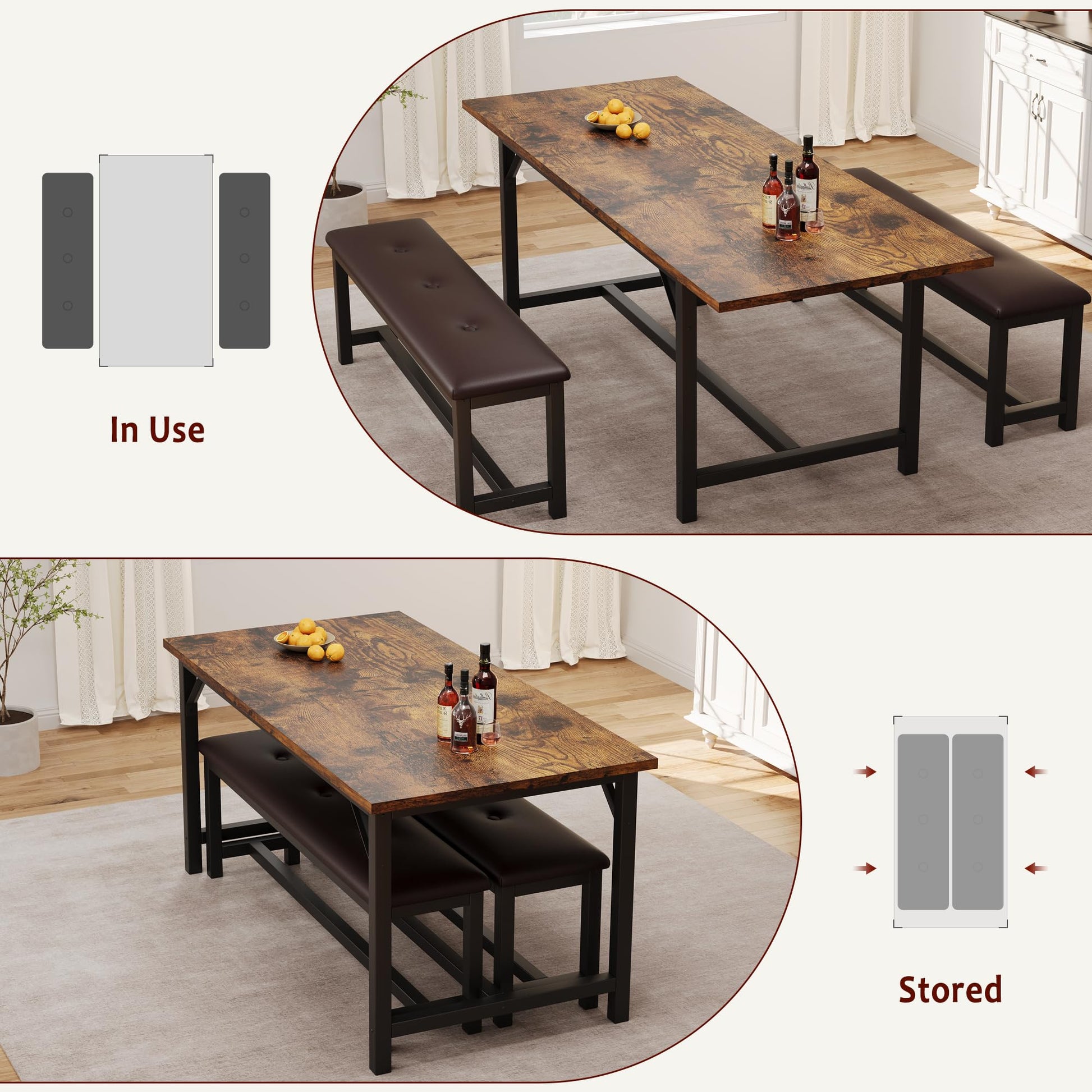 Ensemble table et chaises extensibles Garvee pour 4 à 6 personnes avec protections d'angle et banquettes rembourrées, structure en MDF, piètement en H robuste, gain de place, idéal pour les petites pièces, noir