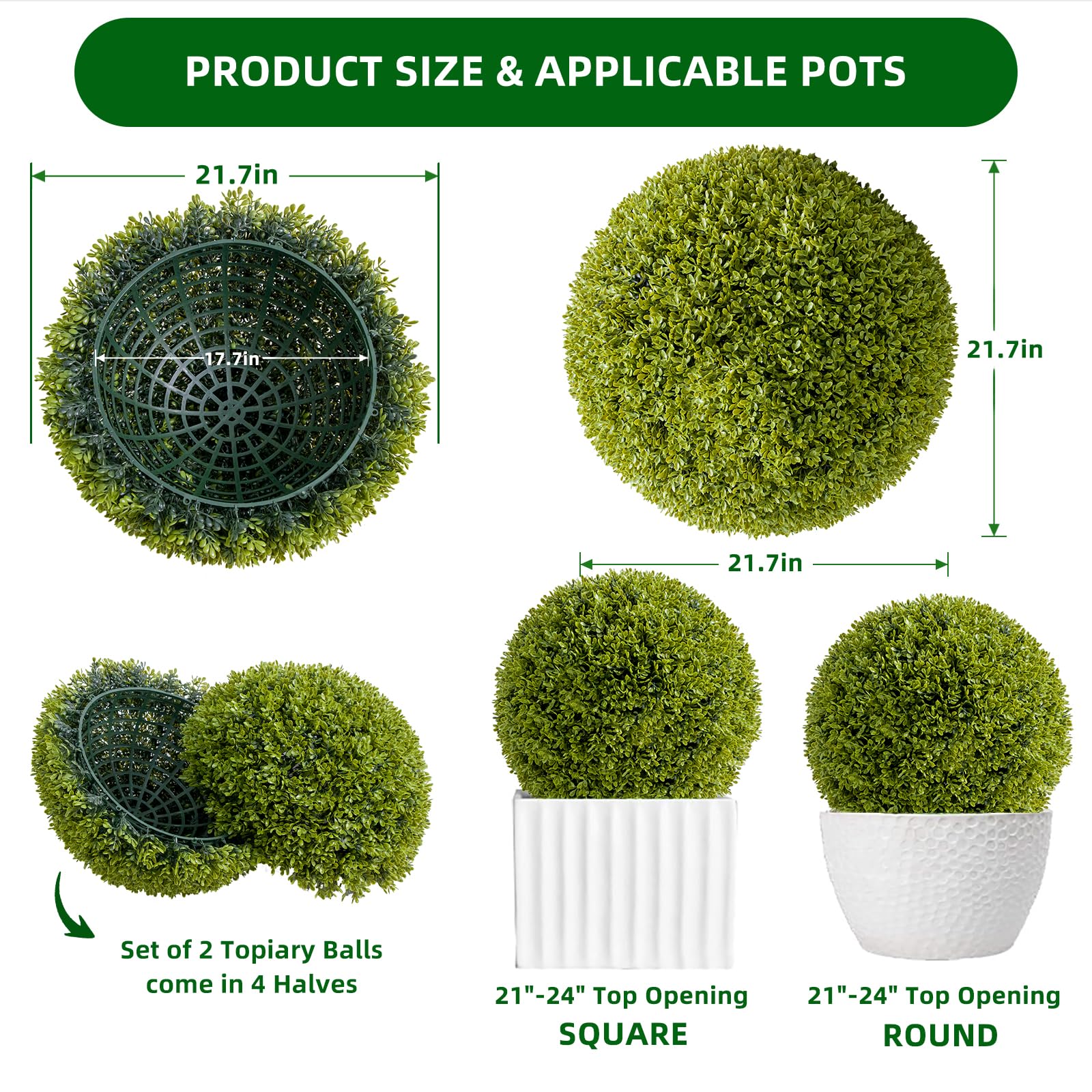 Garvee Lot de 2 boules de buis artificielles 55 cm en PE, résistantes aux UV et aux intempéries, pour jardin et mariage, vertes