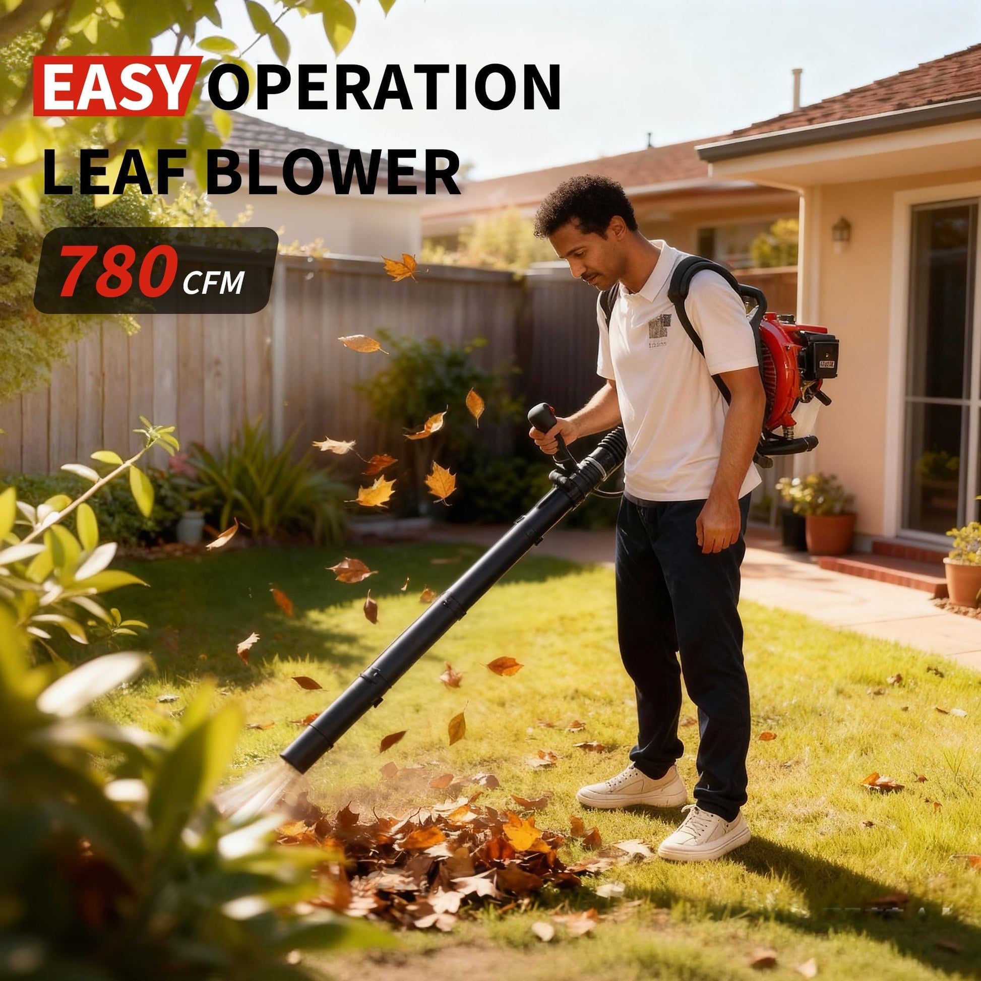 Garvee Souffleur de Feuilles à Dos 2 Temps 52 cm³, 2,2 CV, Débit d’Air 22 m³/min, Vitesse 435 km/h, Plastique, pour Jardinage et Entretien Extérieur, Rouge et Noir