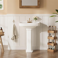 Lavabo sur pied rectangulaire en céramique Garvee 23 x 19 pouces avec robinet à 3 trous et trop-plein pour salle de bain moderne, blanc
