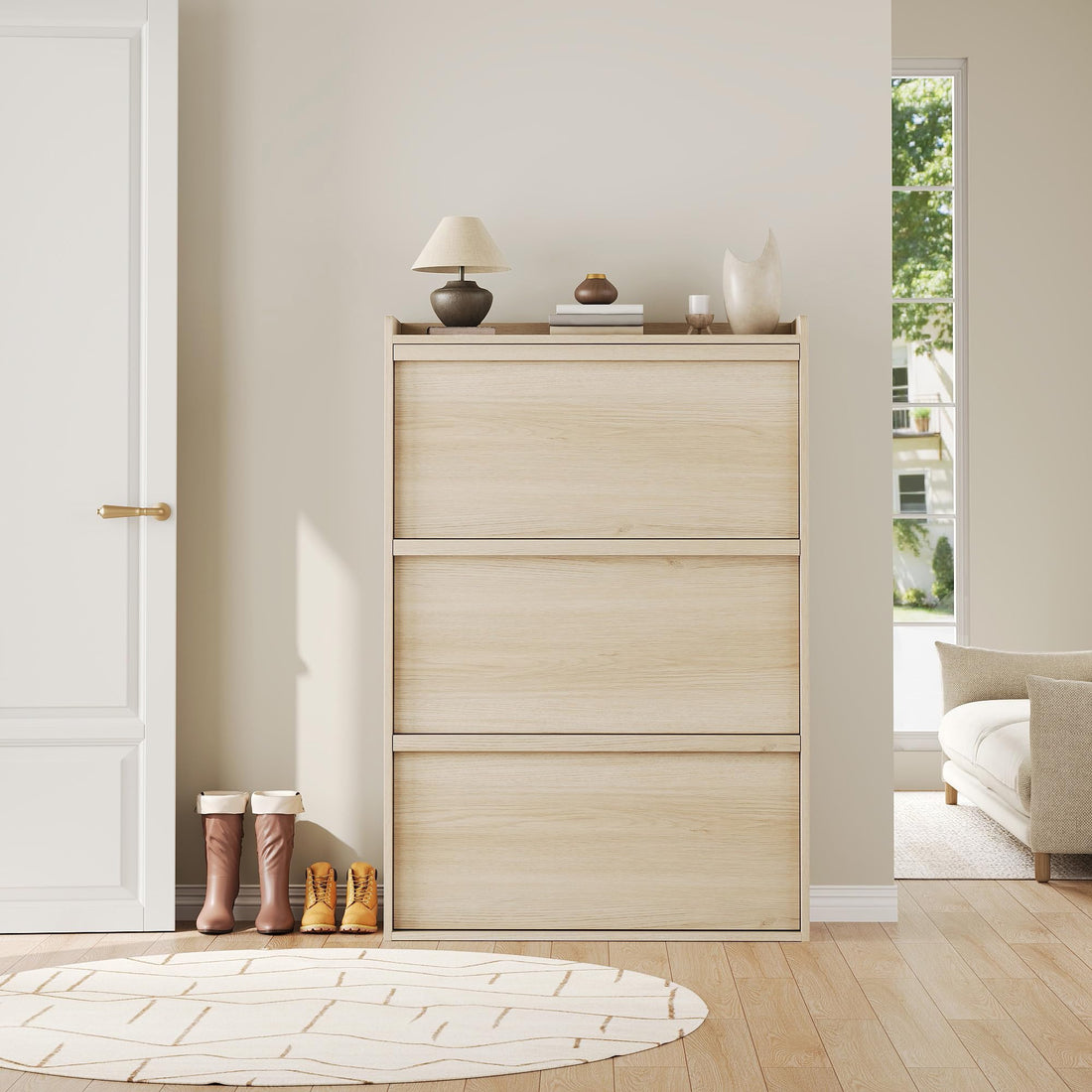 Garvee Meuble à chaussures 3 tiroirs abattants, MDF chêne naturel, 80,5 × 25,9 × 117,1 cm, étagères réglables pour entrée et salon