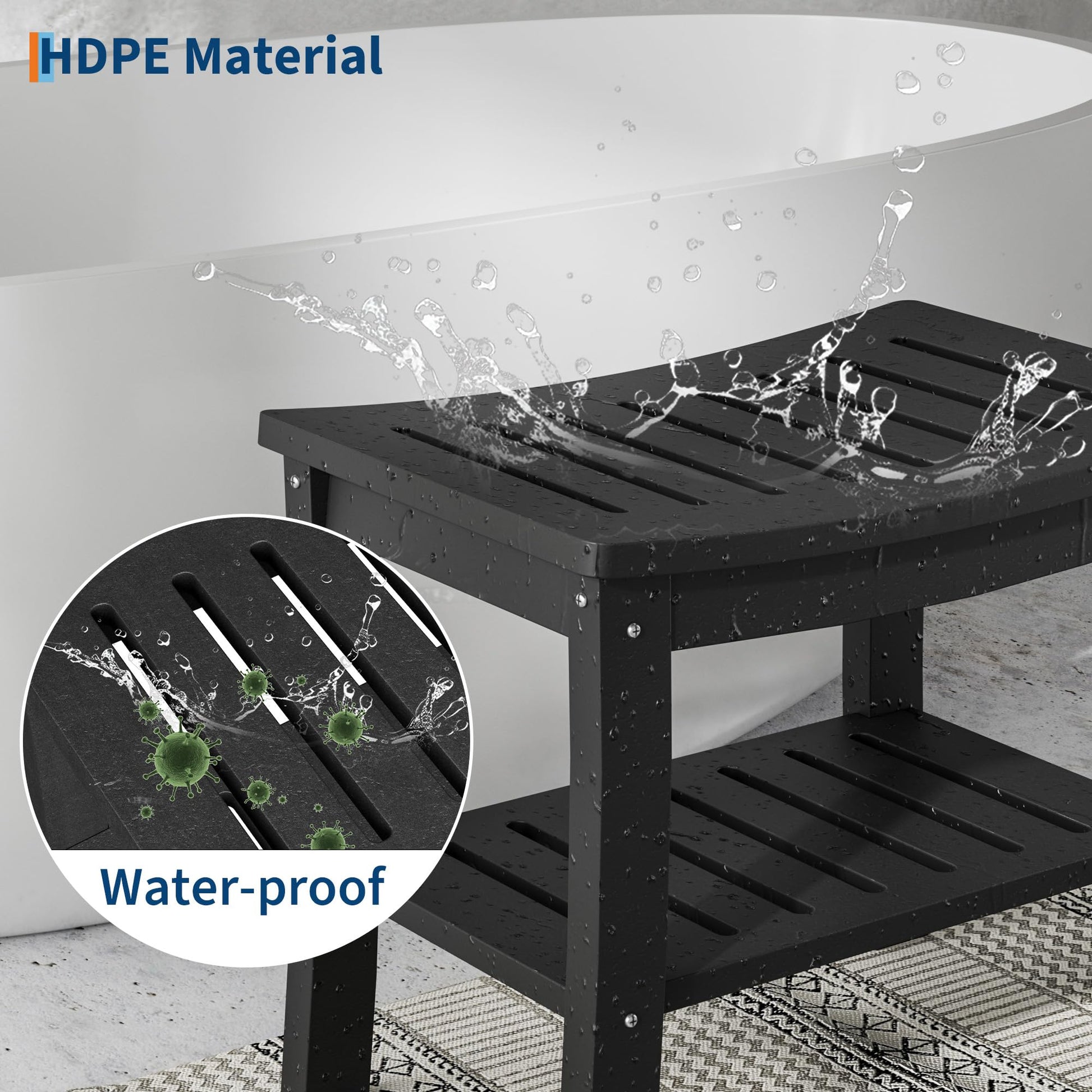 Banc de douche Garvee en PEHD avec étagère pour salle de bain et baignoire, noir, aspect bois, imperméable, résistant aux rayures