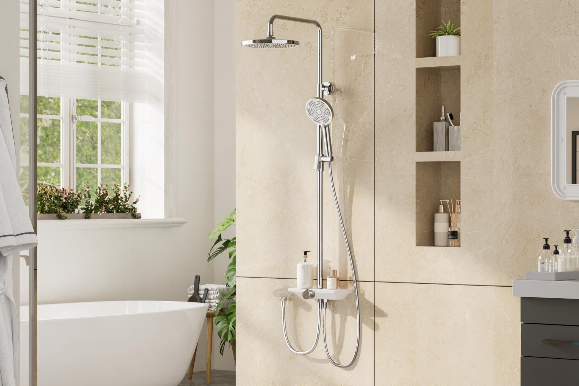 Garvee Colonne de douche réglable 98–130 cm en acier inoxydable 201, pommeau 25 cm, douchette 3 jets, tablette 27 cm, installation facile, chrome et blanc