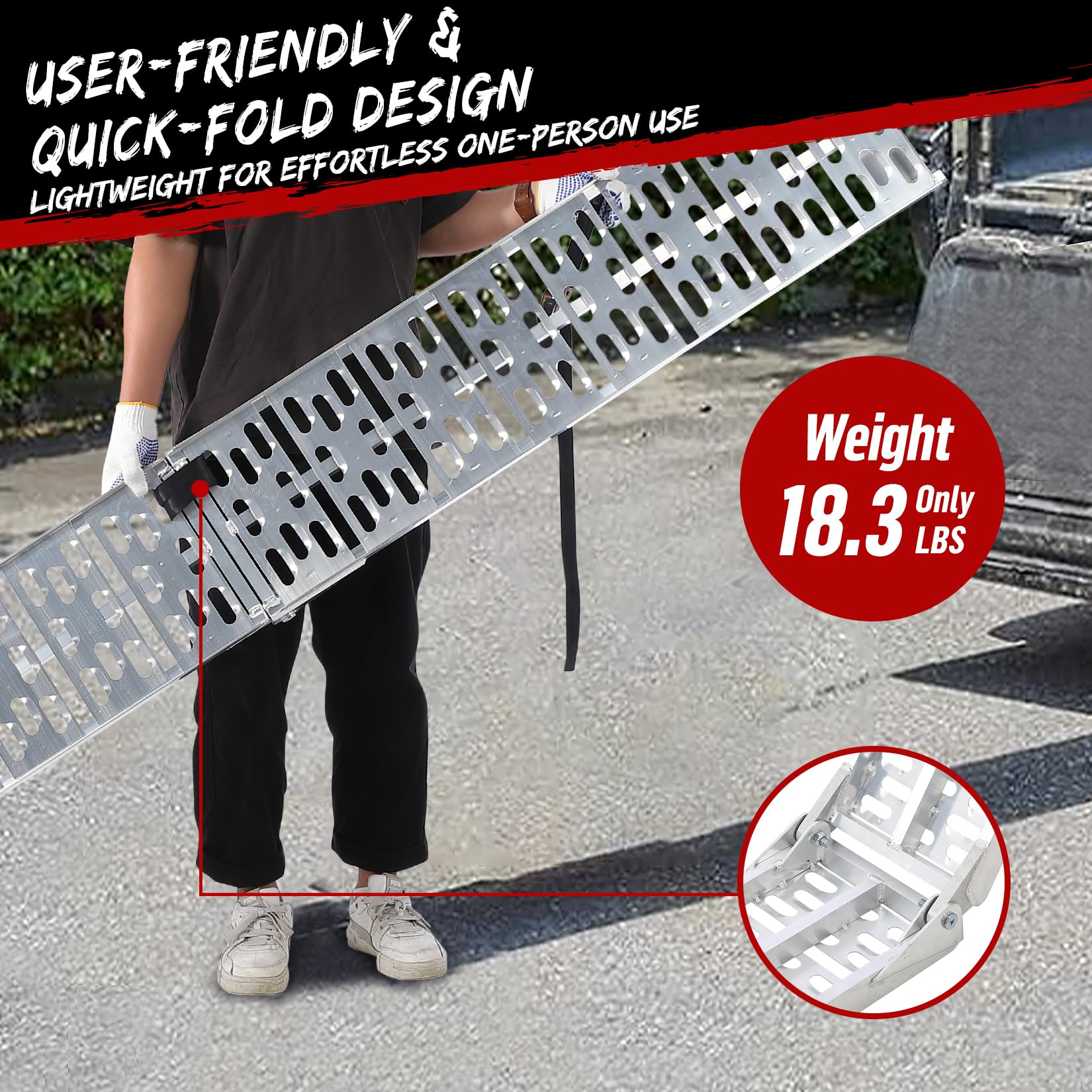 Rampe de chargement Garvee pour moto, 340 kg (750 lb), pliable en aluminium, antidérapante, avec sangles de sécurité, pour pick-up, remorque, quad, moto, jardinage, 226 x 28 cm (89 x 11 pouces), argent