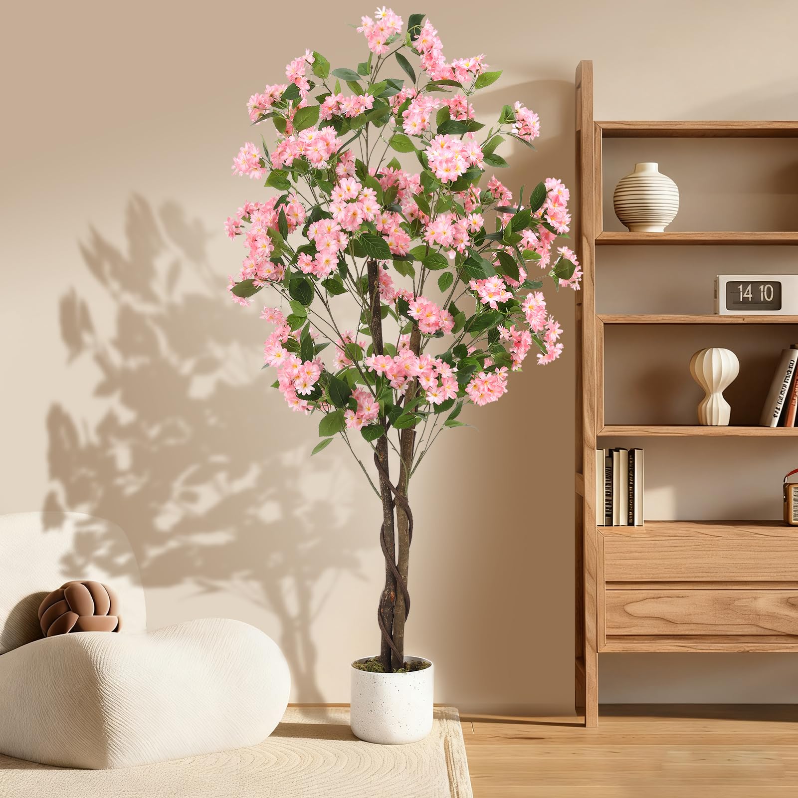 Osmanthus artificiel Garvee de 1,5 m avec 252 fleurs blanches, tronc en bois naturel, facile d'entretien, pot stable pour la décoration intérieure et extérieure