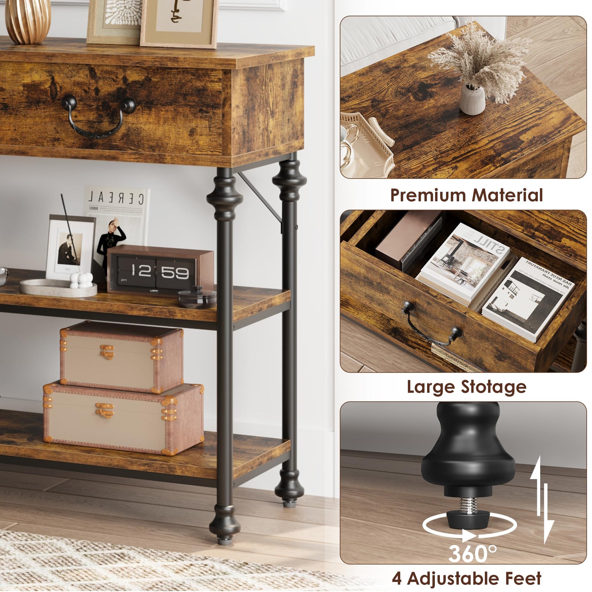Console Garvee pour entrée, étroite, avec 2 tiroirs, grande étagère, structure en métal, marron rustique, salon, entrée