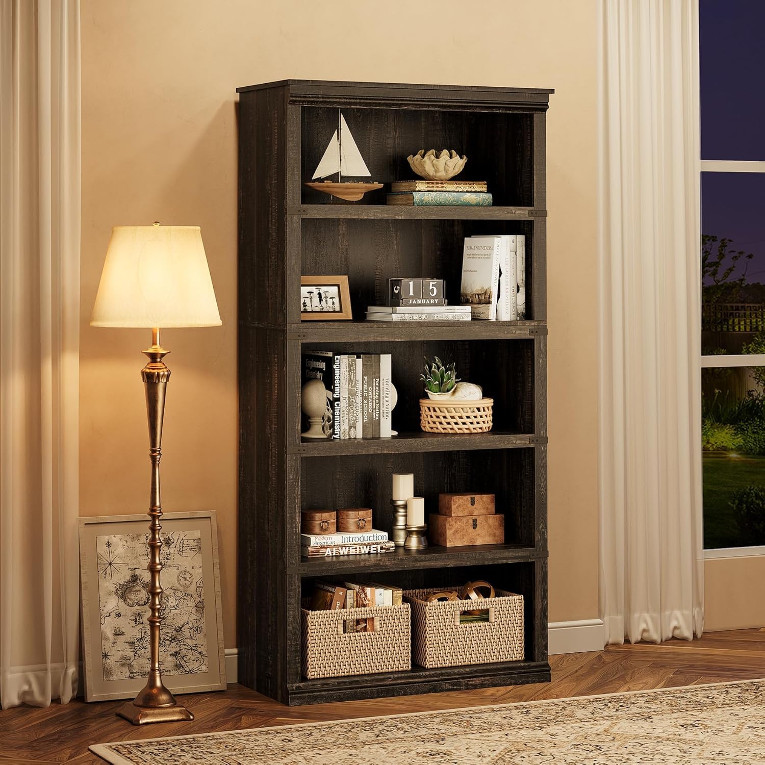 Étagère en bois Garvee à 5 niveaux (3+2 étagères), style ferme, en MDF et bois massif, marron, idéale pour le salon ou le bureau.