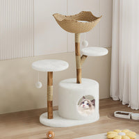 Arbre à chat Garvee 43'' en bois naturel avec panier en rotin pour salon, stable pour les grands chats, design moderne, peluche douce
