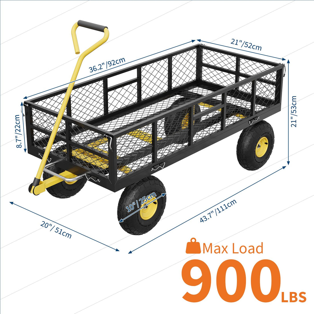 Garvee Chariot de jardin 408 kg avec parois amovibles, pneus 25 cm, structure acier robuste et poignée rotative 180°, pour jardin et ferme