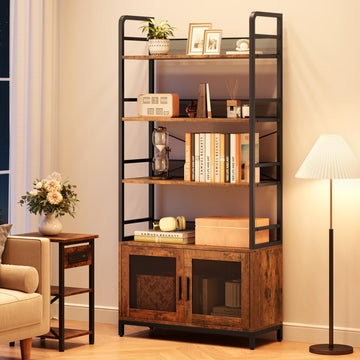 Garvee Bibliothèque Industrielle avec Portes Grillagées, 4 Étagères, Structure en Métal et Panneaux MDF, 180 × 80 × 30,5 cm, pour Salon et Bureau
