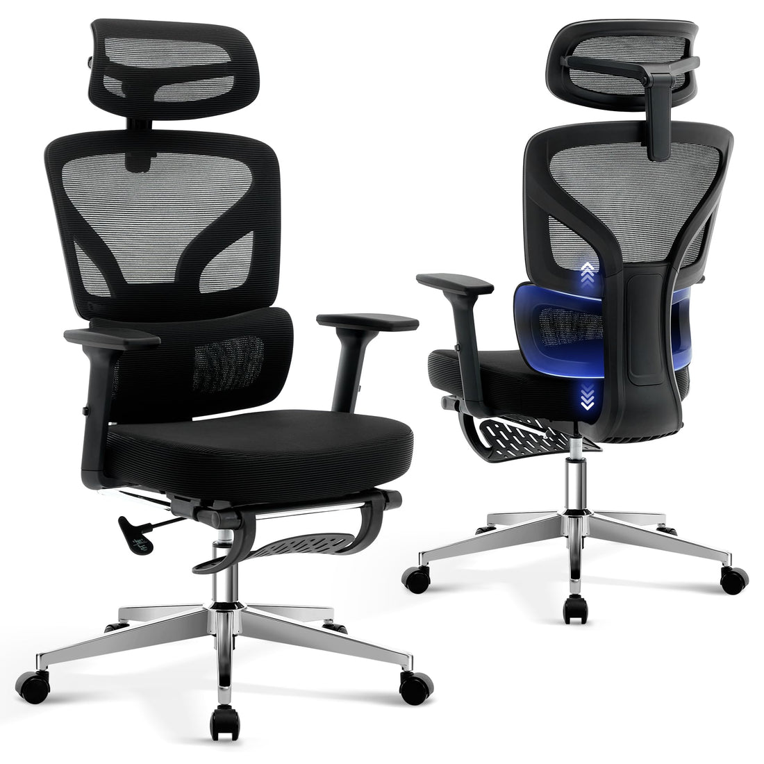 Garvee Chaise de Bureau Ergonomique en Maille avec Repose-Pieds et Soutien Lombaire Réglables, Chaise Gaming pour Bureau et Télétravail, Structure Métallique Noire