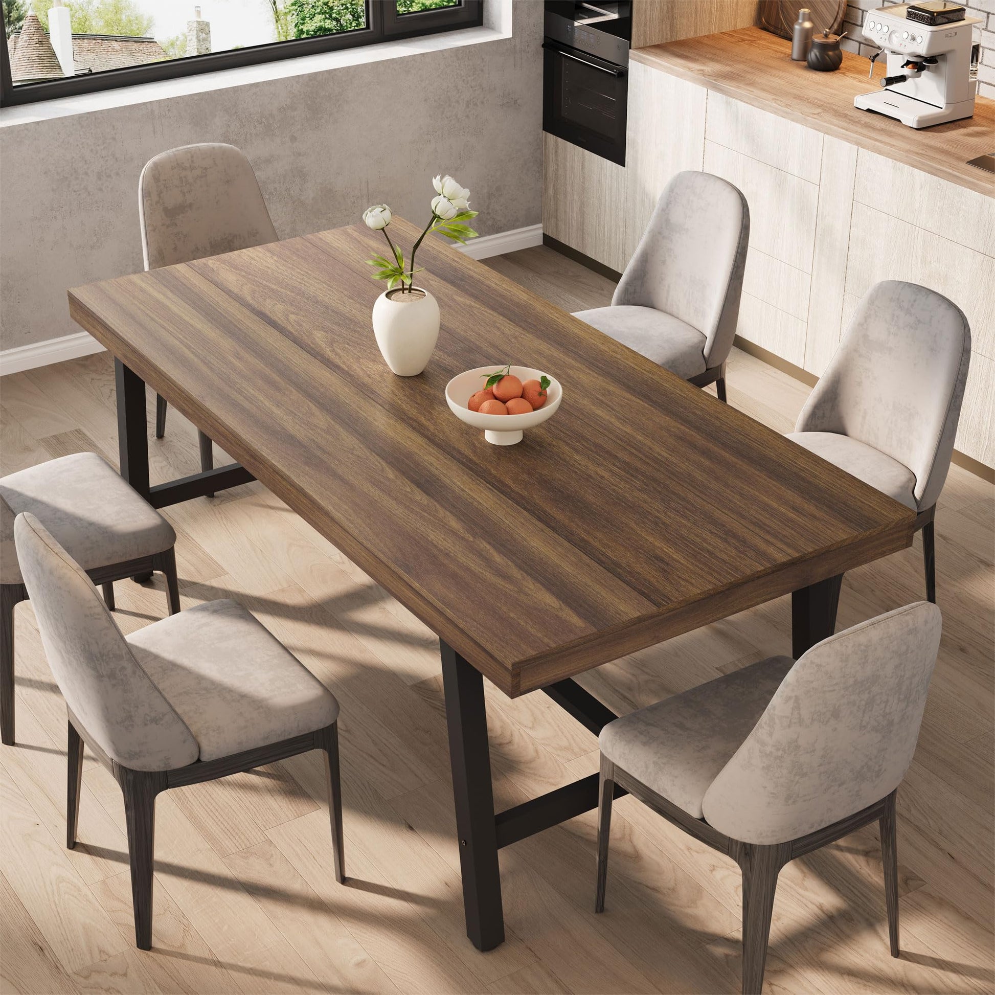 Table de salle à manger industrielle Garvee en bois pour 6 à 8 personnes, avec structure métallique robuste, pieds réglables, 180 cm (70,87 po), finition brun rustique.