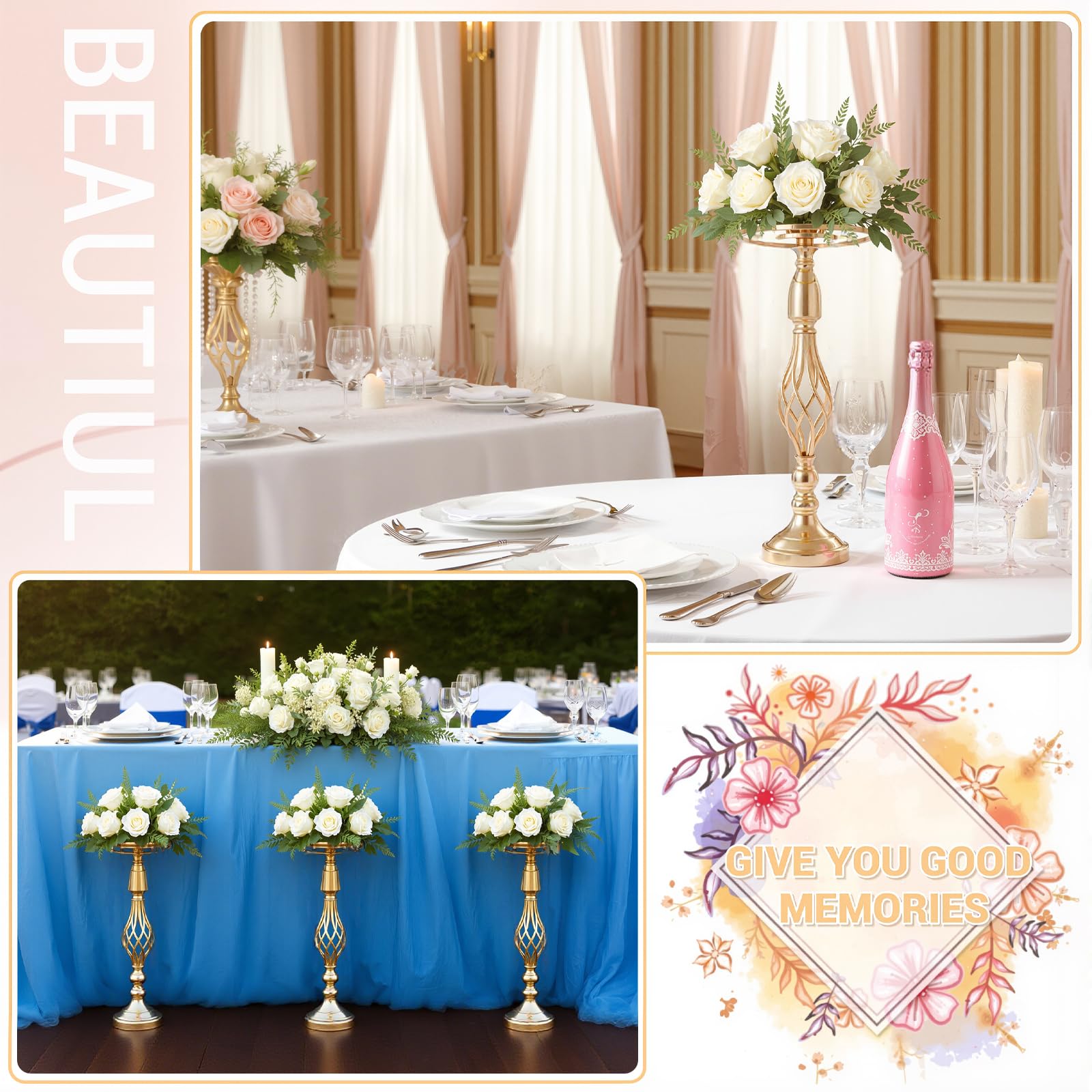 Supports à fleurs en métal Garvee, lot de 10, décoration de table de mariage, élégants modèles rotatifs, métal et cristal, antirouille, pour les fêtes et la maison, 52 cm, argent