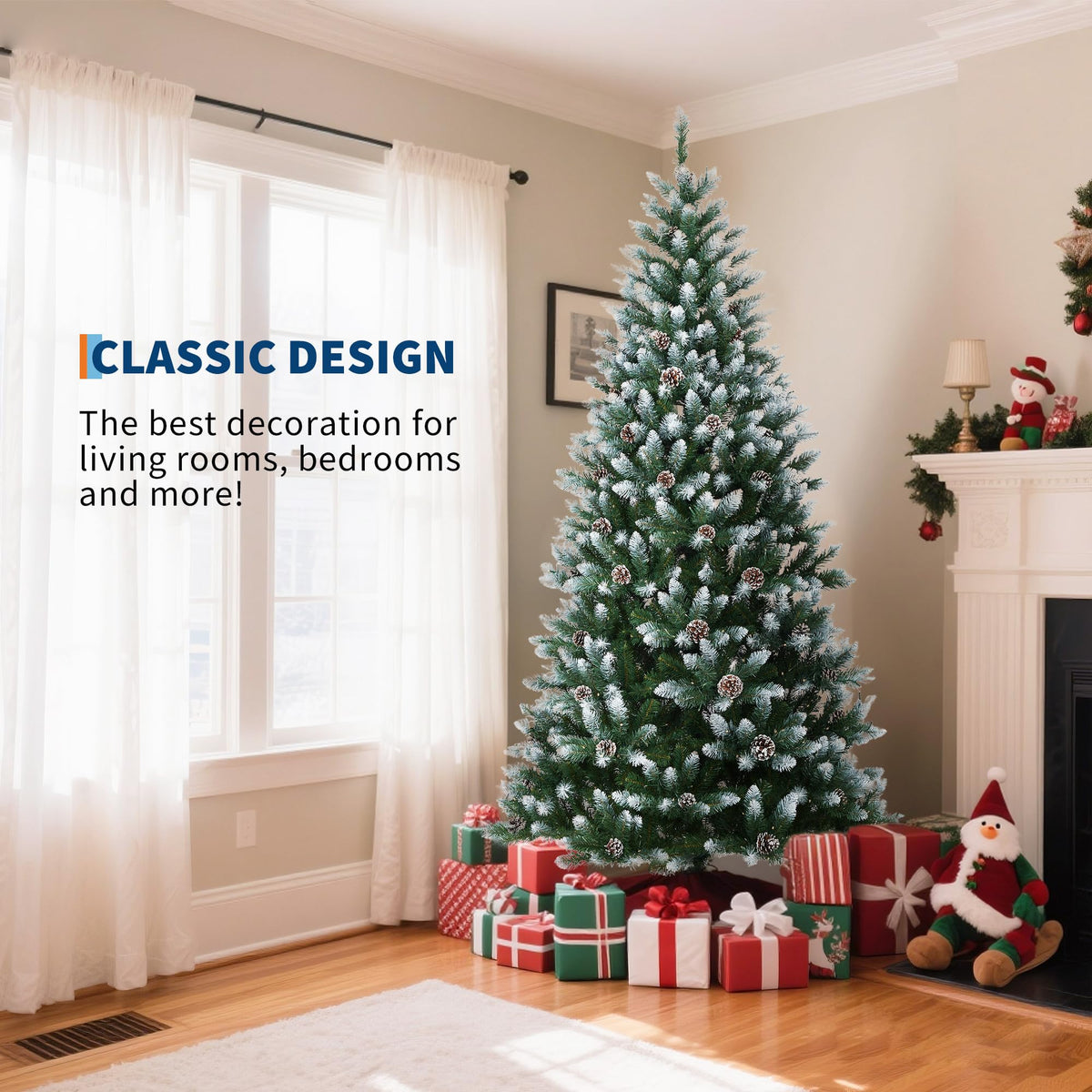 Garvee sapin de Noël de 225 cm avec 250 LED et pommes de pin décoratives pour grandes pièces, décoration festive