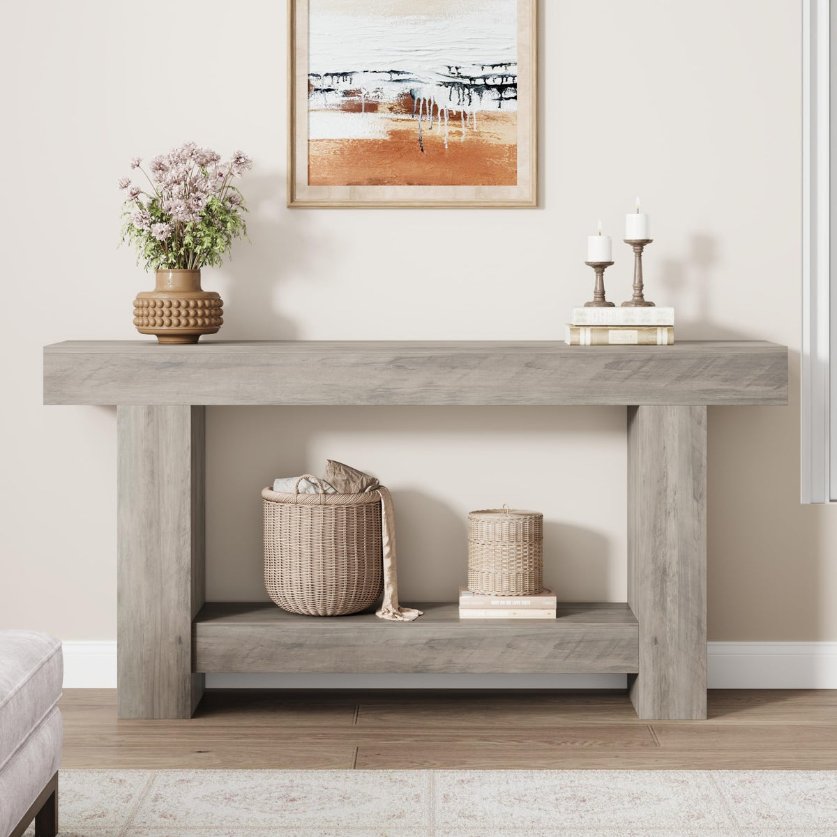 Garvee Table Console 160 cm en Bois Massif avec 2 Étagères, Style Maison de Campagne, pour Salon et Entrée, Gris