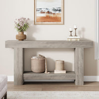 Garvee Table Console 160 cm en Bois Massif avec 2 Étagères, Style Maison de Campagne, pour Salon et Entrée, Gris