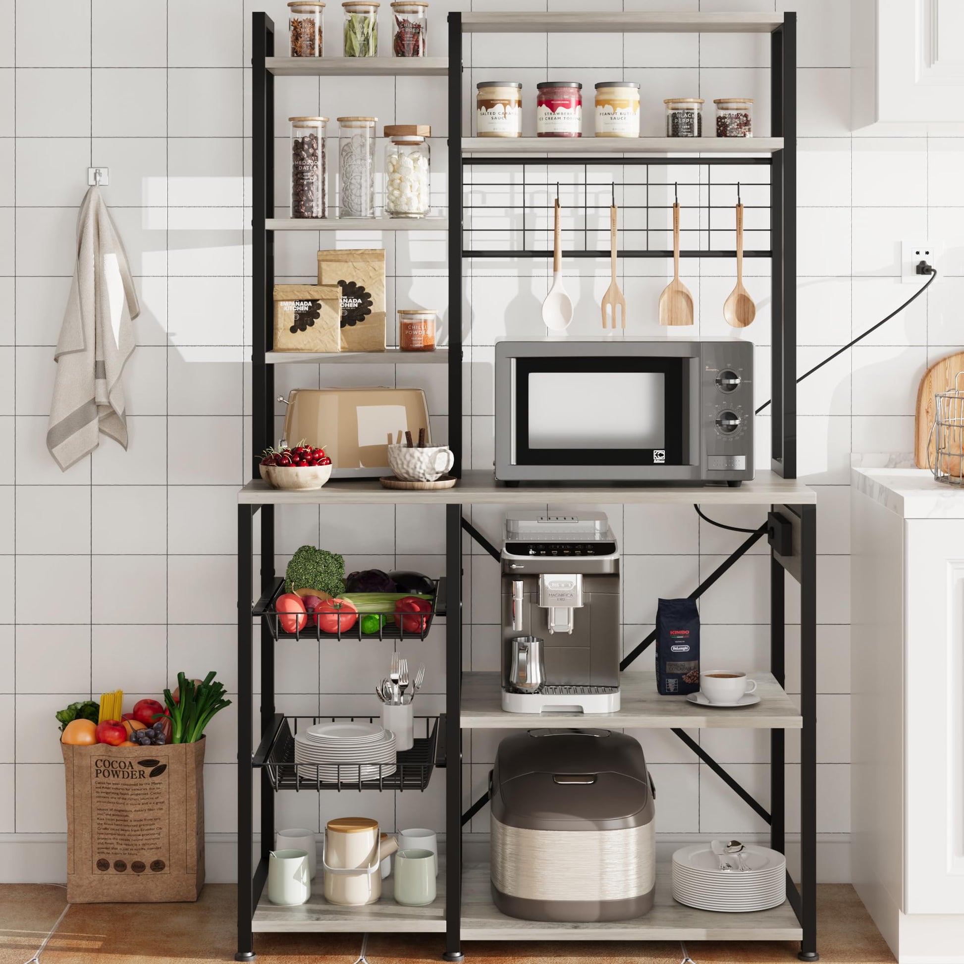 Étagère de cuisine Garvee Baker avec prise électrique, 7 niveaux, métal et bois, pour cuisine et coin café, grise, 90 x 40 x 178 cm