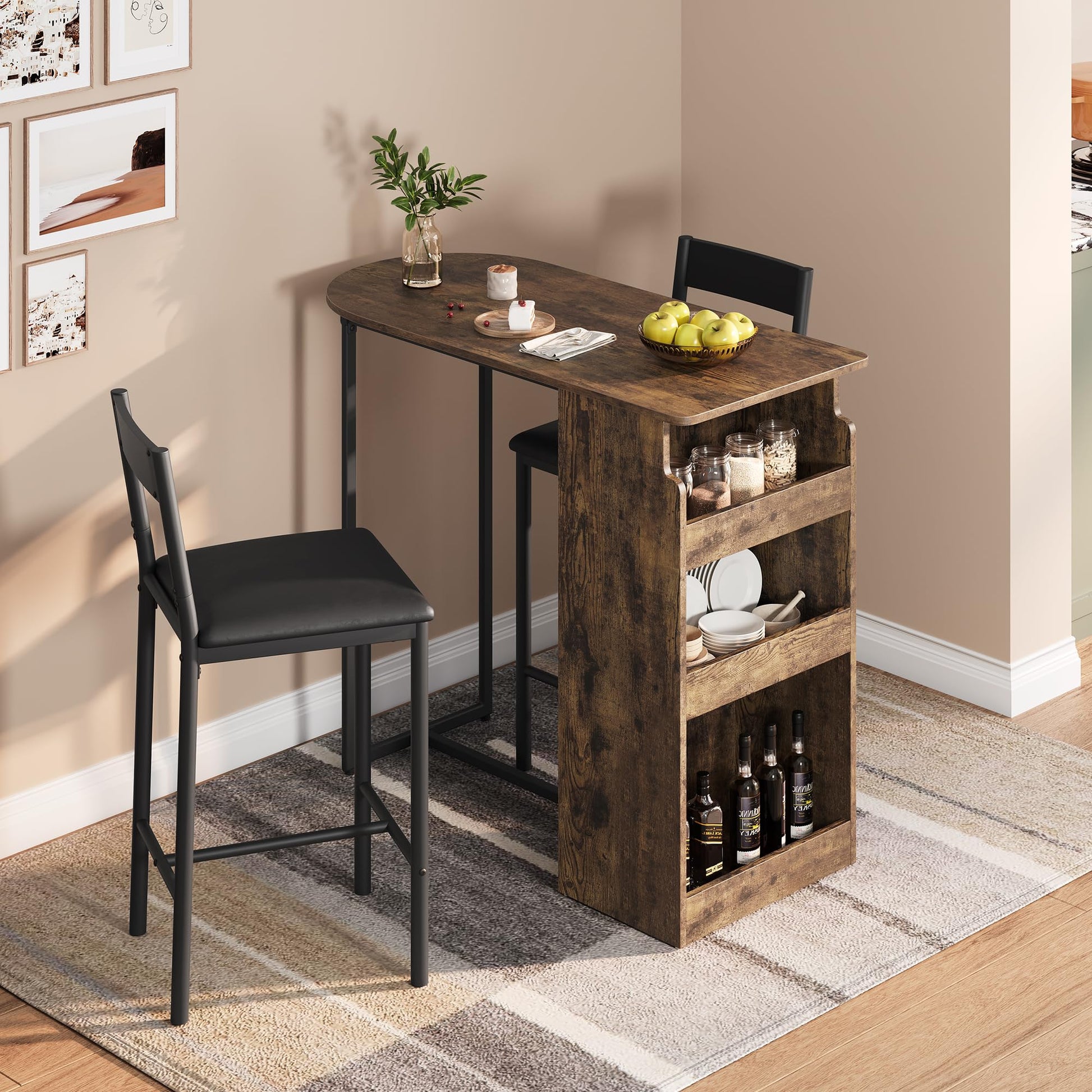 Ensemble table et chaises de bar Garvee avec plateau semi-circulaire rétro, étagère à 3 niveaux, tabourets recouverts de cuir pour la cuisine et le bureau, compact et moderne