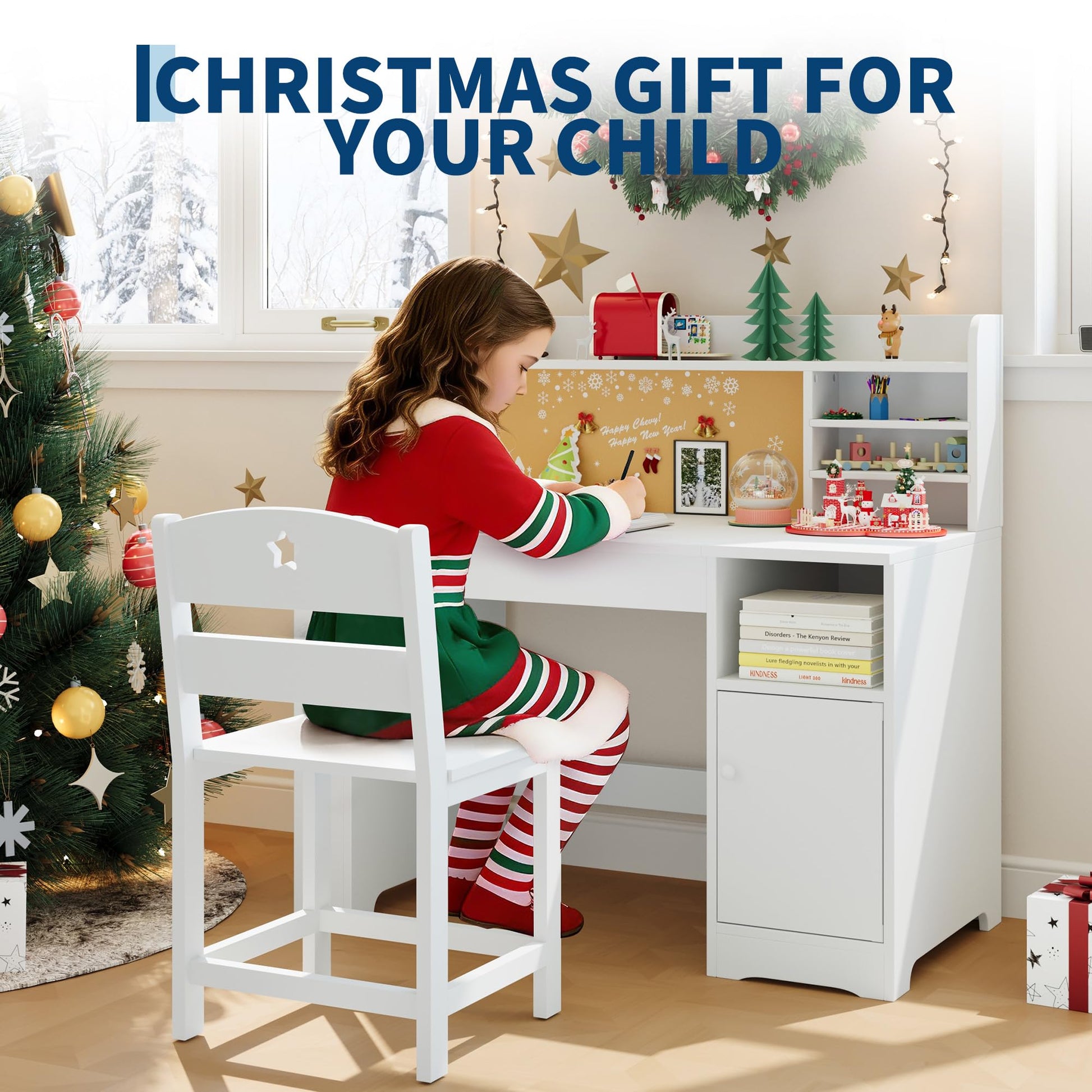 Garvee Bureau enfant ergonomique avec chaise, plateau inclinable et meuble de rangement, blanc, idéal pour étude, devoirs et activités créatives