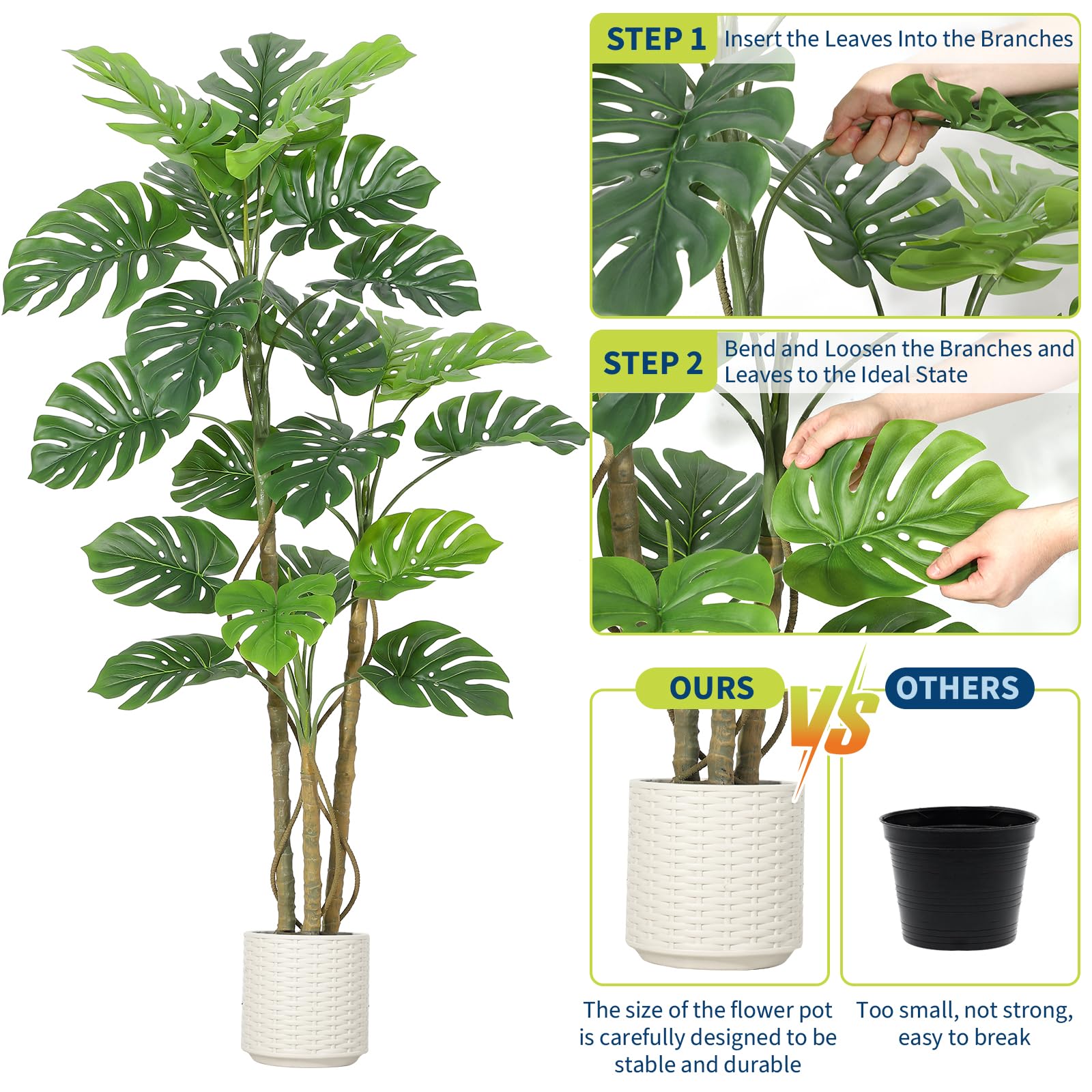 Plante artificielle Monstera Garvee de 1,80 m en polyester de haute qualité, décoration intérieure pour salon ou bureau, verte