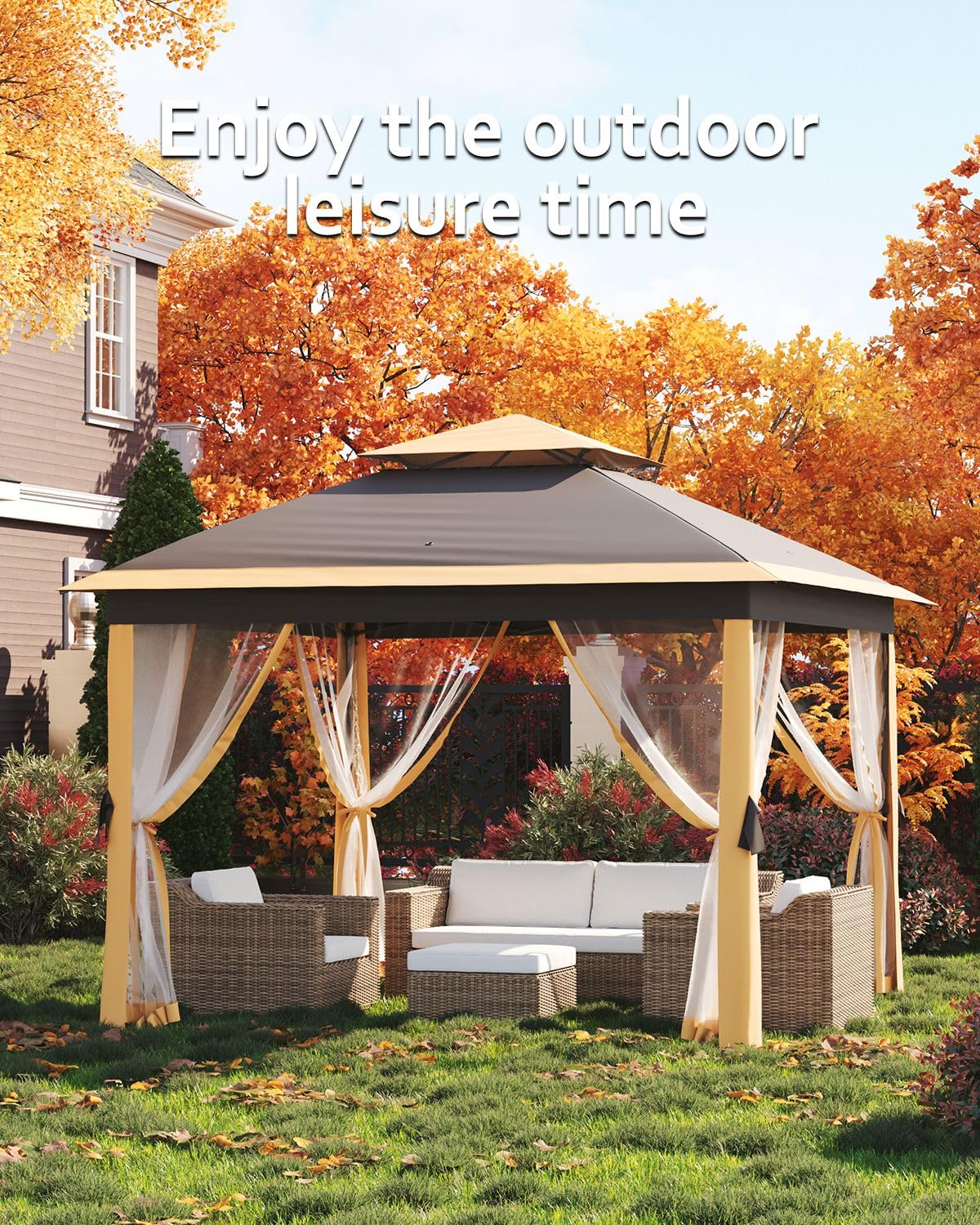 Garvee Tonnelle Pliante 335 x 335 cm avec Moustiquaire, Métal Anticorrosion, Hauteur Réglable, pour Jardin, Terrasse et Camping