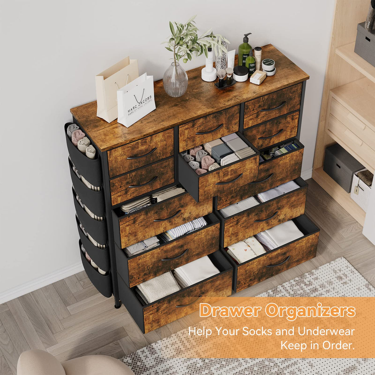 Garvee commode à 12 tiroirs, revêtement en tissu, structure en métal, plateau en bois, idéale pour la chambre et l'entrée