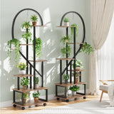 Garvee Ensemble de 2 supports à plantes en métal à 6 niveaux avec roulettes, design en demi-cœur, étagères en bois pour jardin et balcon, mobile, robuste, 173 cm (173 cm), noir - Bois tigré marron