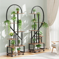 Ensemble Garvee de 2 supports à plantes en métal à 6 niveaux avec roulettes, design en demi-cœur, étagères en bois pour jardin et balcon, mobile, robuste, 173 cm (68 pouces), noir