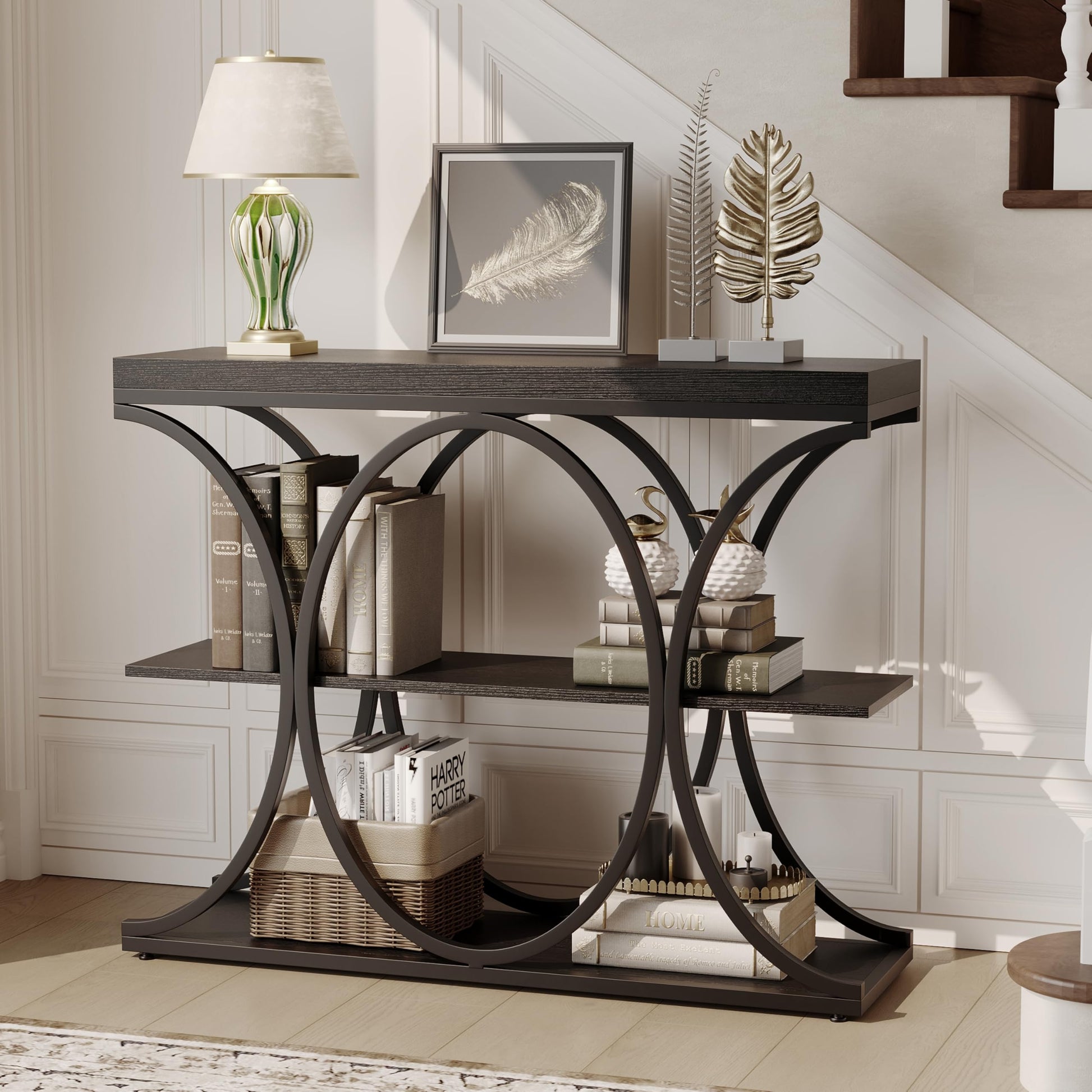 Console industrielle Garvee 39", 3 niveaux, avec base en métal et étagères en bois, pour entrée et salon, étroite, robuste et polyvalente