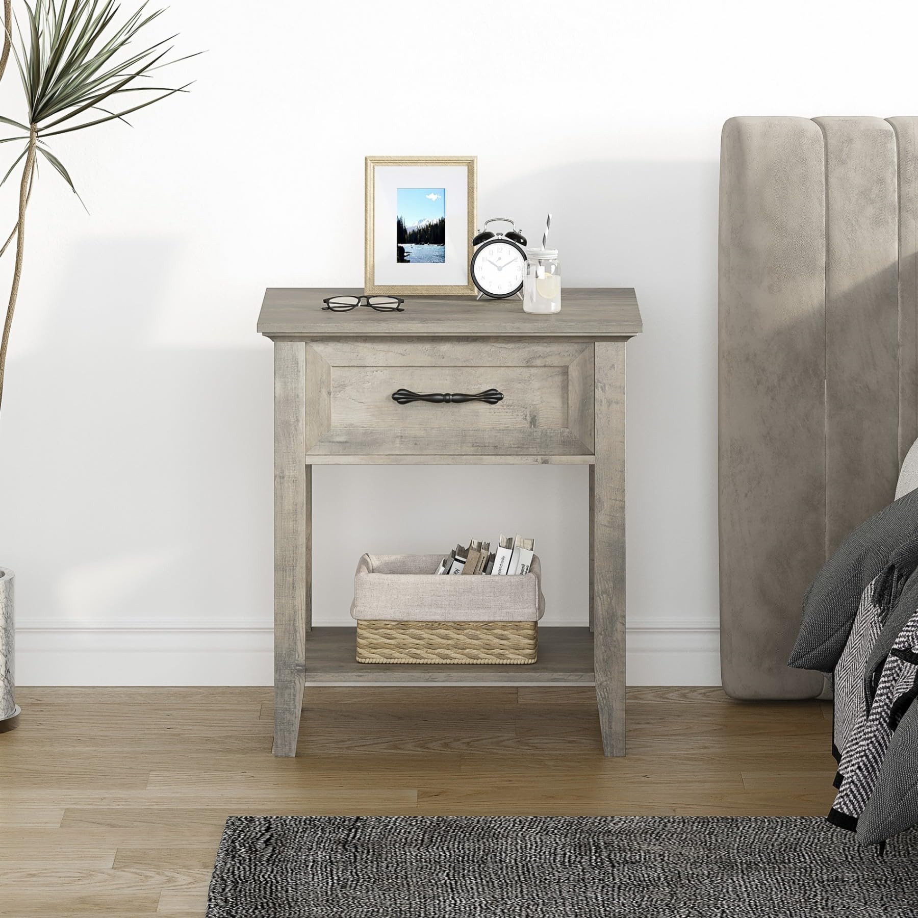 Ensemble de 2 tables de chevet Garvee grises avec tiroir, 2 niveaux de rangement, bois robuste, pour chambre et salon, 50 x 40 x 60 cm, gris