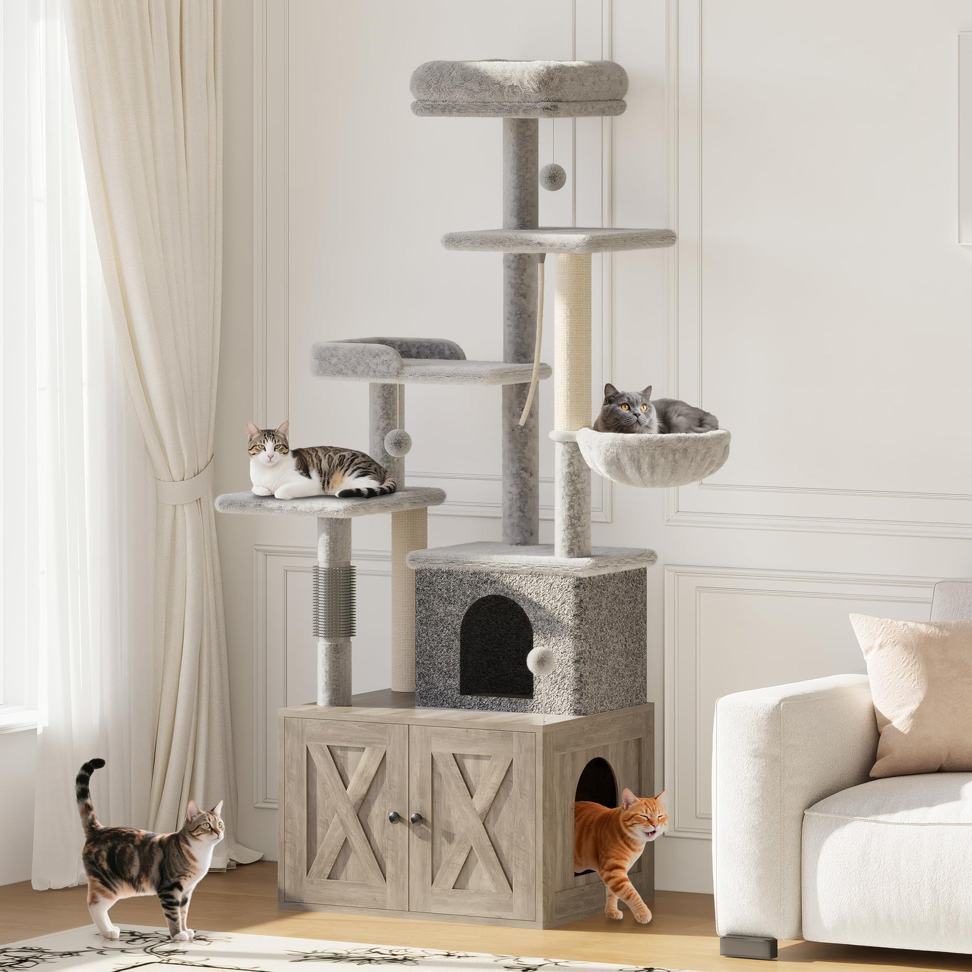 Enclos pour litière Garvee avec arbre à chat 2 en 1, mobilier pour chat en bois gris inodore, mobilier d'intérieur pour chat