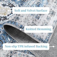 Tapis de sol vintage Garvee bleu 120x170 cm - Lavable en machine, à poils courts, en chenille antidérapante pour une utilisation intérieure et extérieure, tapis de chambre et de salon