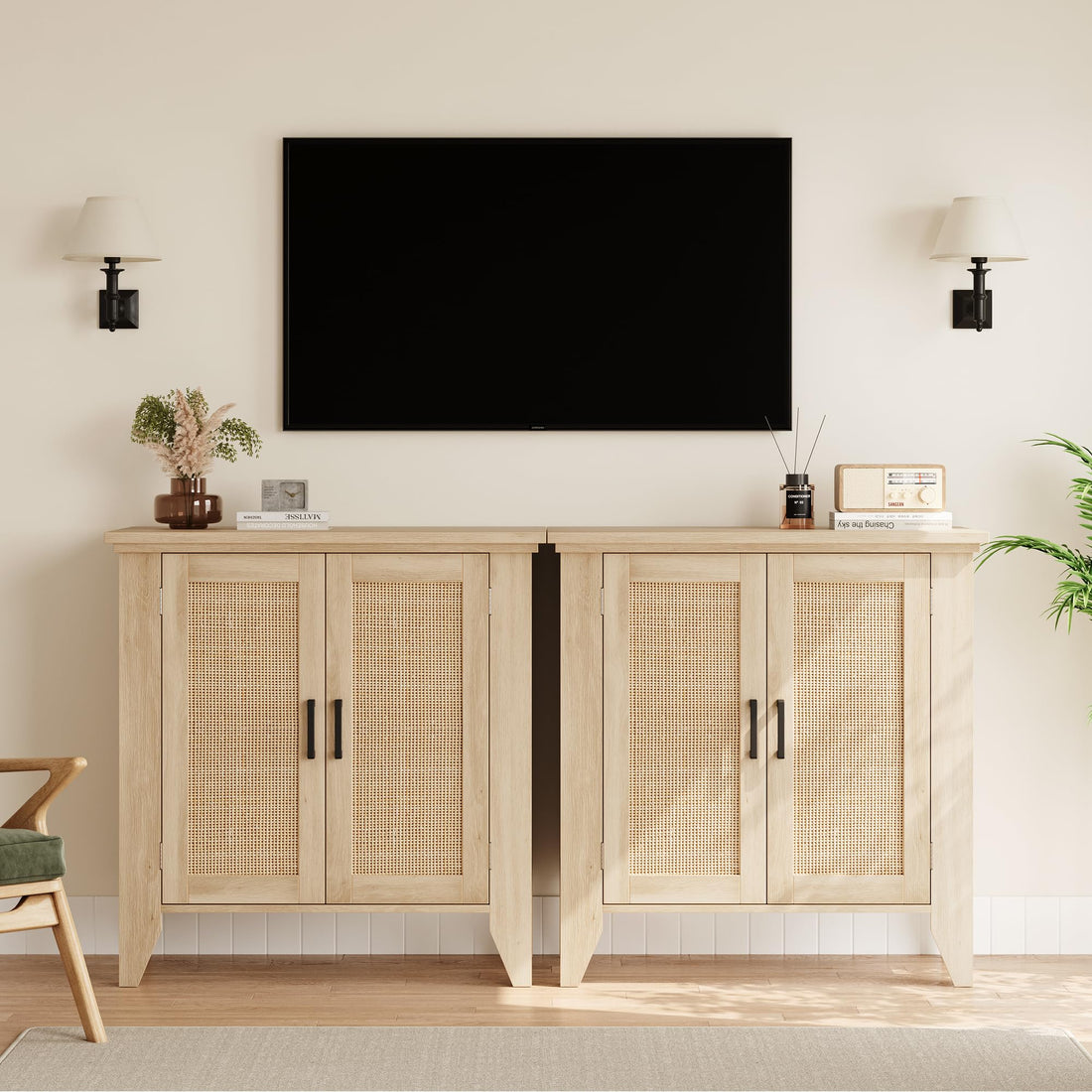Petit meuble de rangement Garvee avec portes et étagères, buffet en rotin pour salon et cuisine, 76 x 40 x 80 cm, couleur naturelle