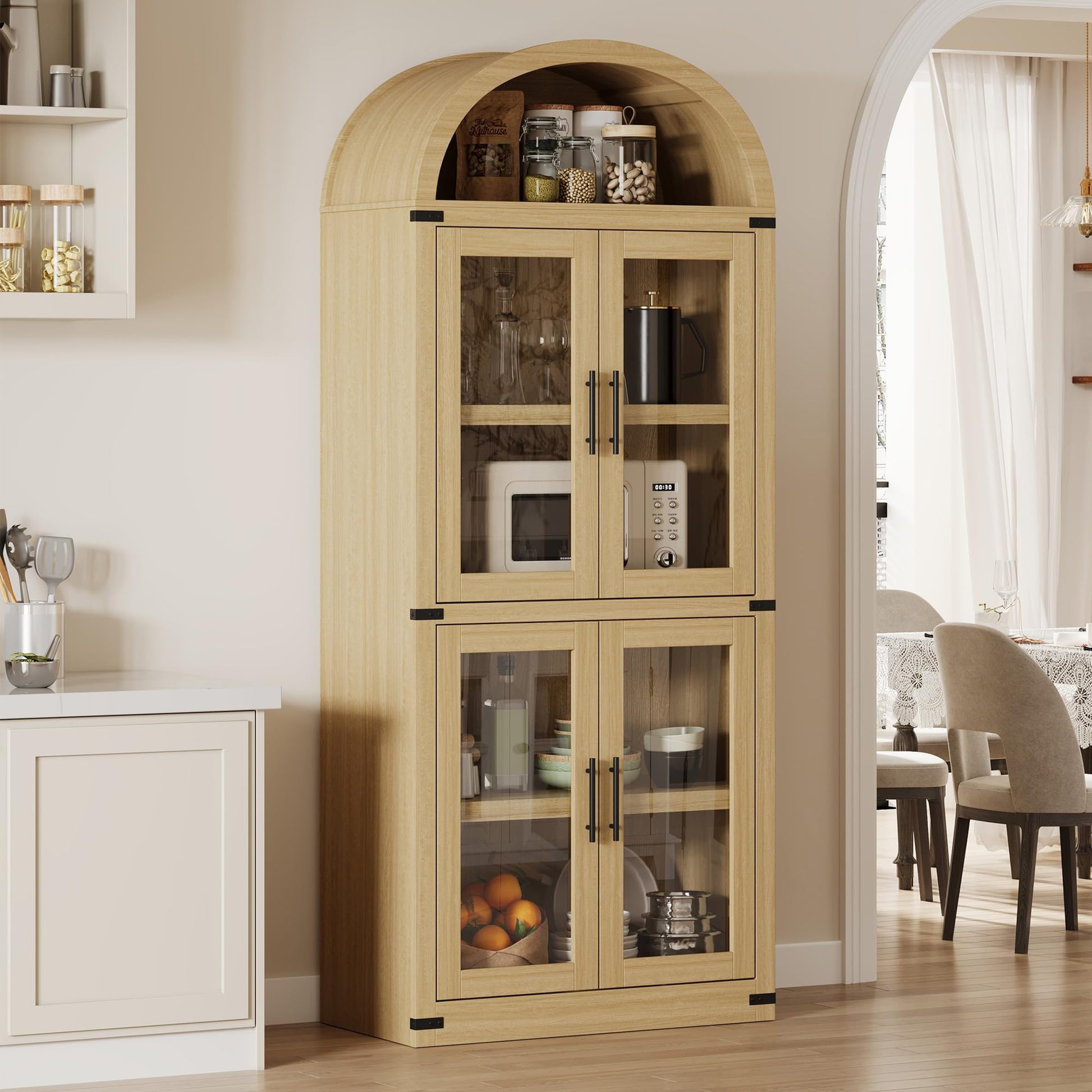 Garvee Bibliothèque Arquée avec Portes en Verre, Armoire de Rangement Style Campagne en MDF, 181,2 cm, pour Salon et Bureau